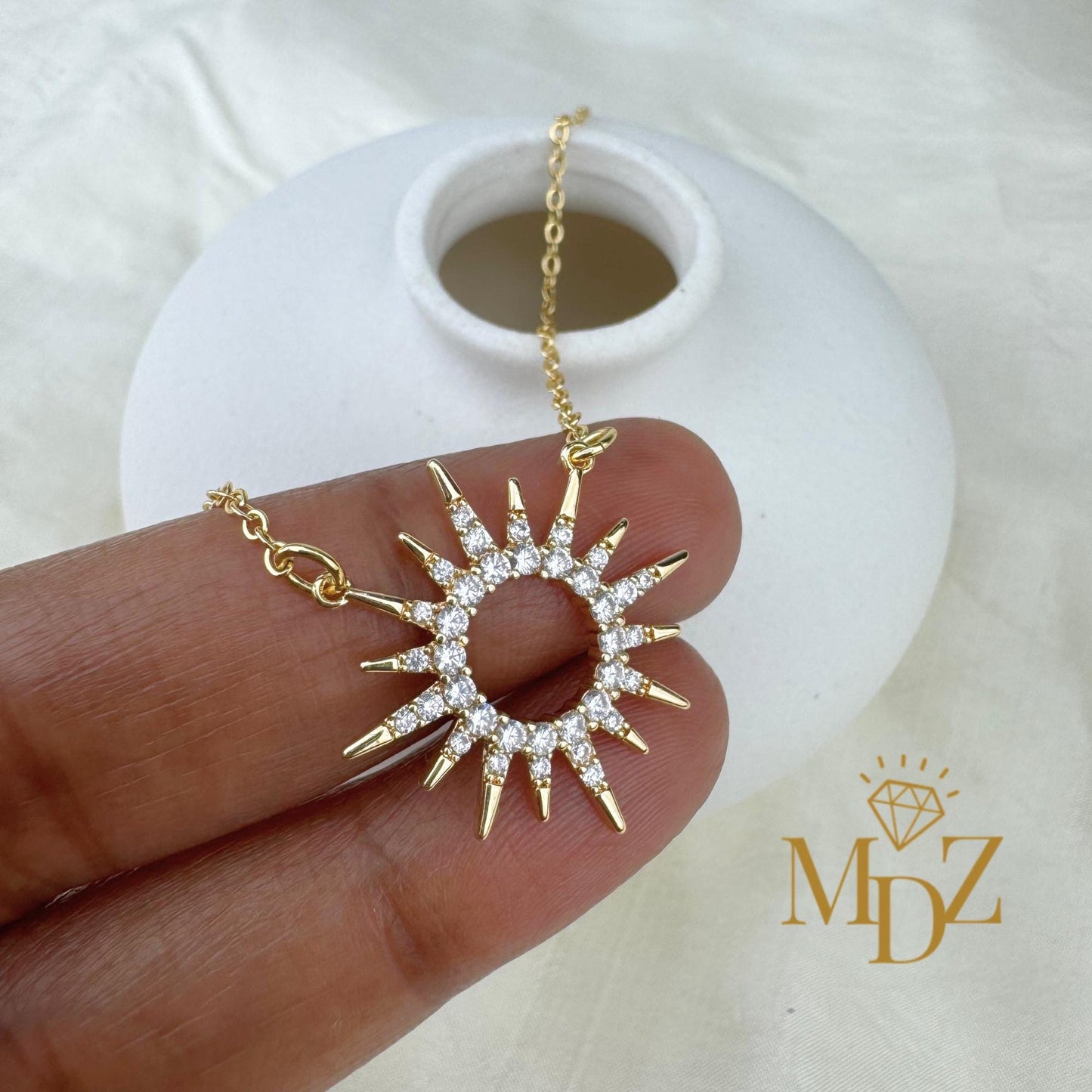 Celestial Sunburst Necklace, Dainty 18K Gold Plated CZ Pendant