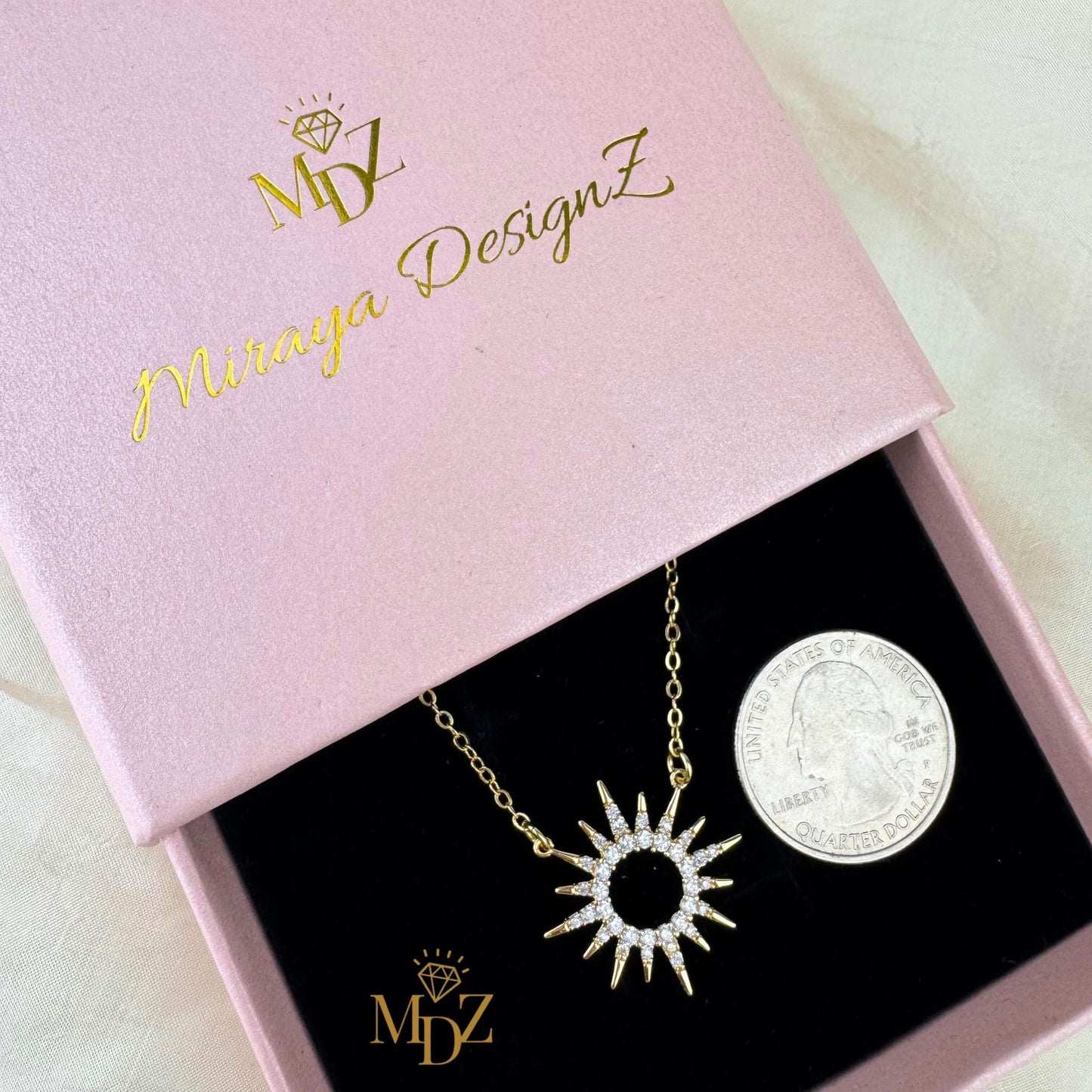 Celestial Sunburst Necklace, Dainty 18K Gold Plated CZ Pendant