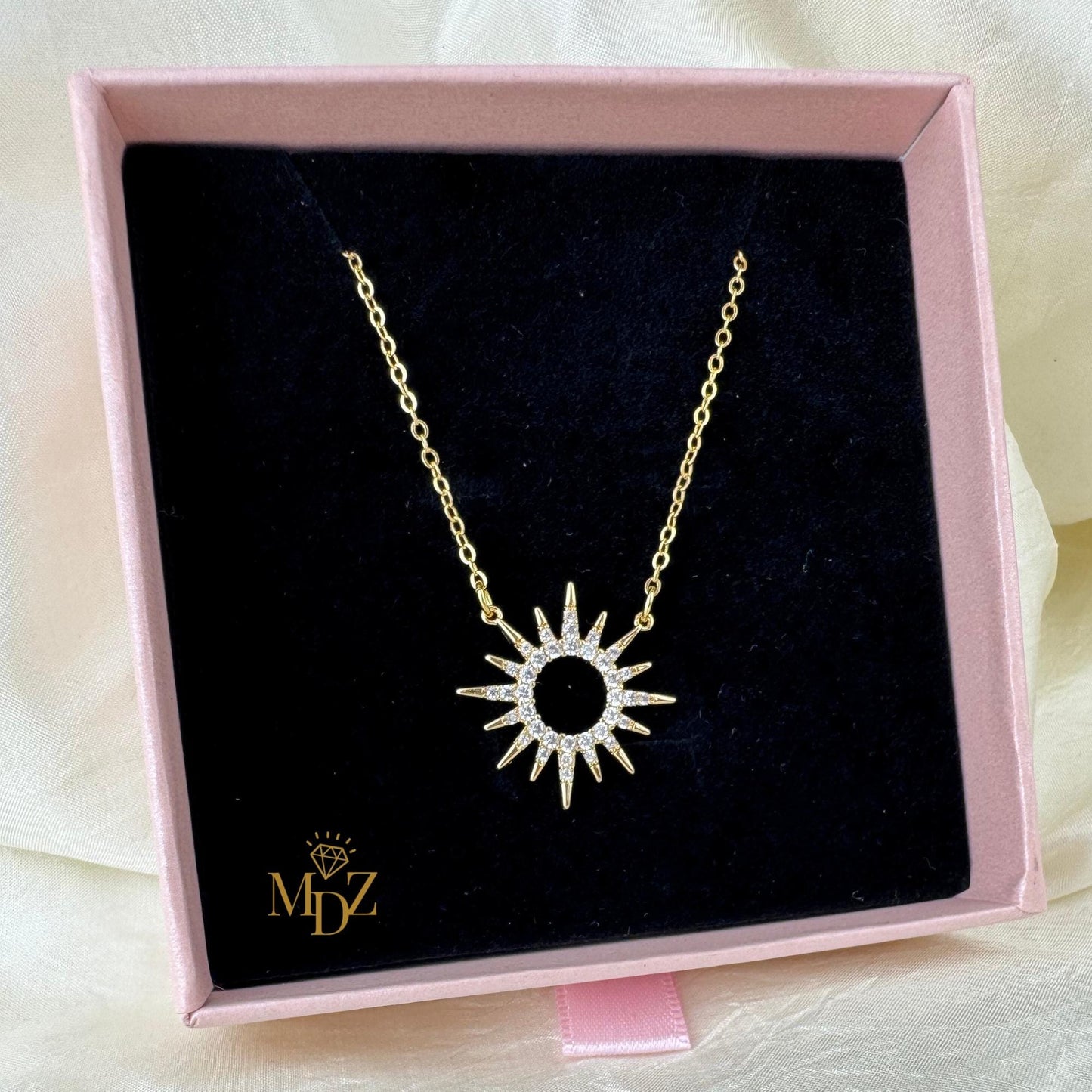 Celestial Sunburst Necklace, Dainty 18K Gold Plated CZ Pendant