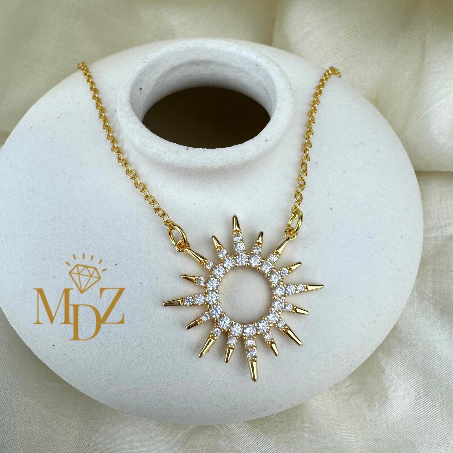 Celestial Sunburst Necklace, Dainty 18K Gold Plated CZ Pendant