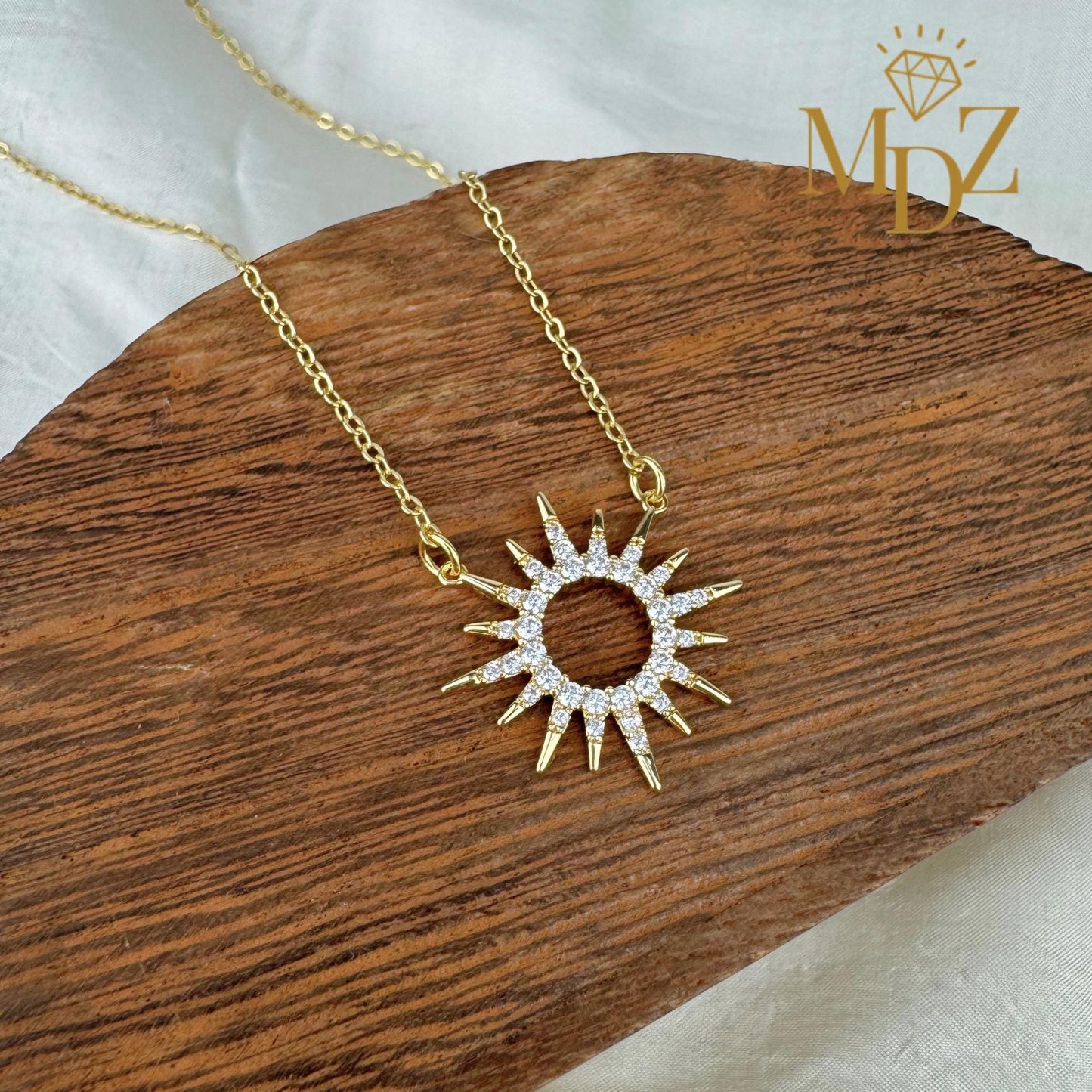 Celestial Sunburst Necklace, Dainty 18K Gold Plated CZ Pendant