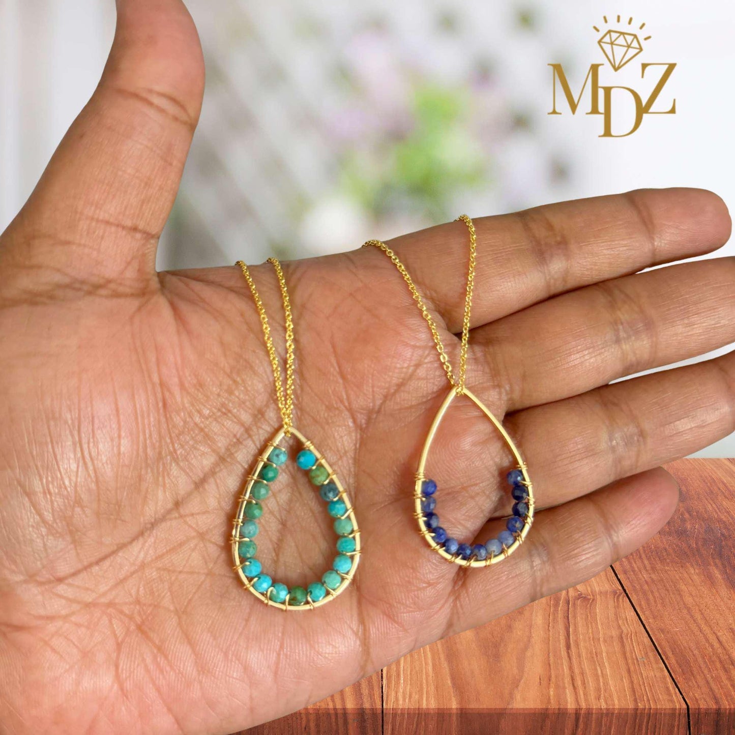 Handmade Gold Teardrop Wire Wrapped Necklace: Turquoise, Pearl & Gemstone Boho Pendant