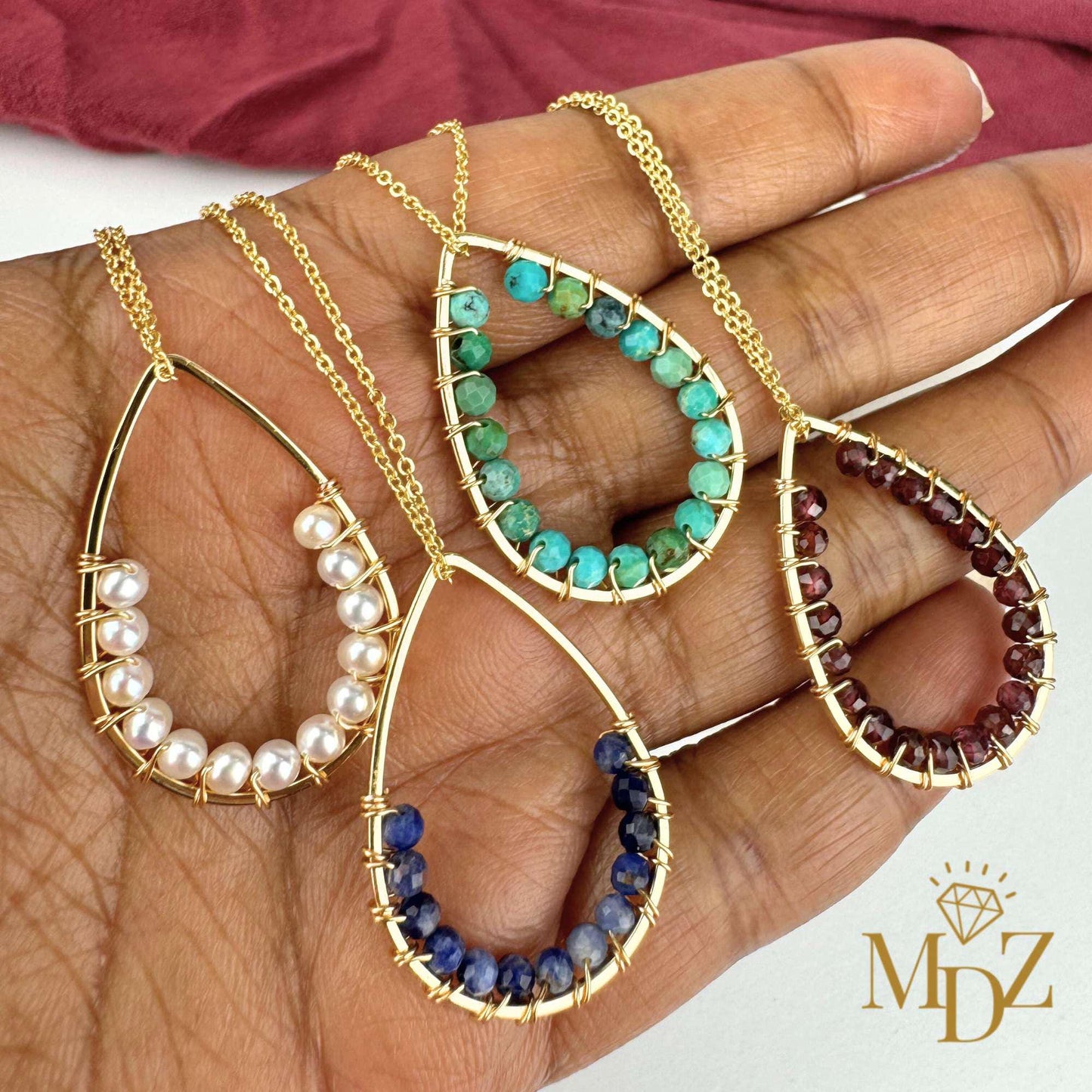 Handmade Gold Teardrop Wire Wrapped Necklace: Turquoise, Pearl & Gemstone Boho Pendant