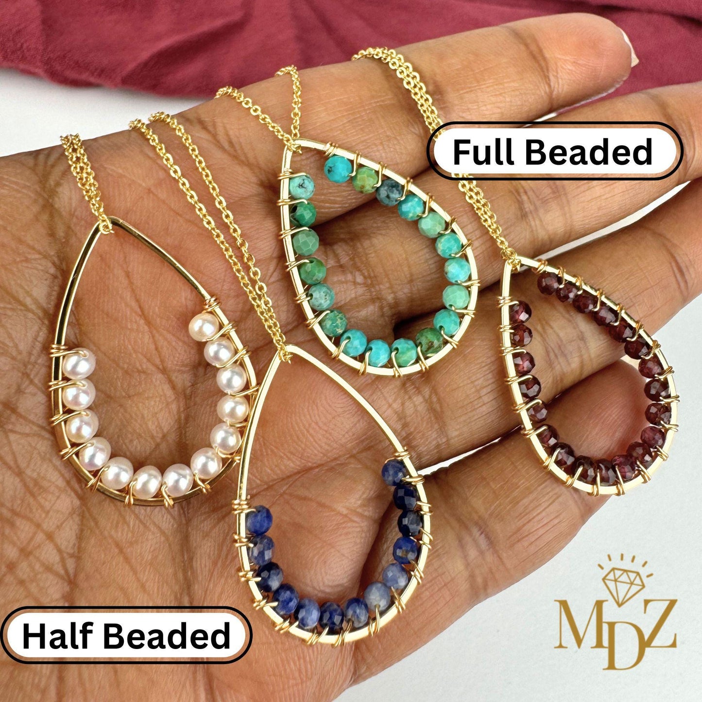 Handmade Gold Teardrop Wire Wrapped Necklace: Turquoise, Pearl & Gemstone Boho Pendant