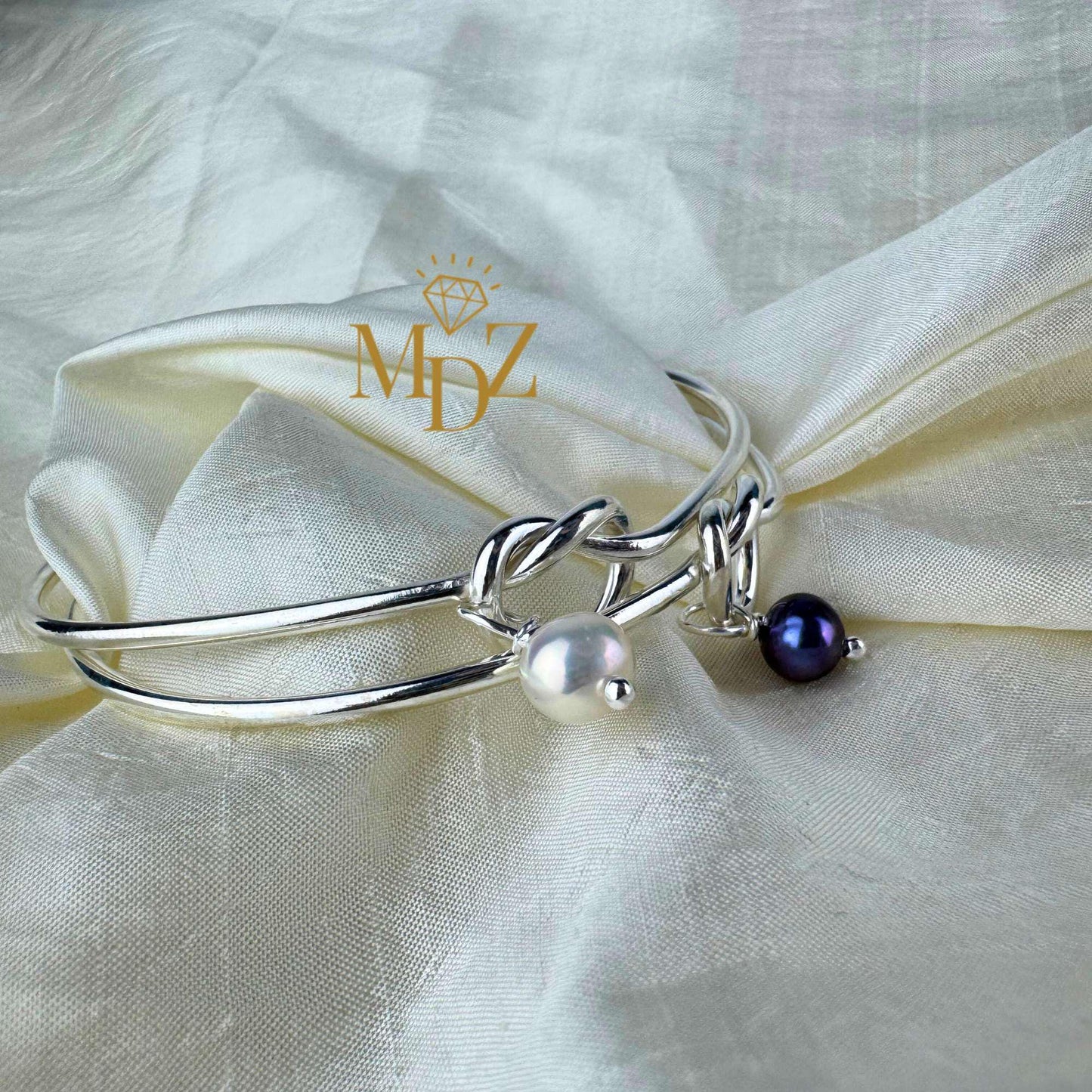 Sterling Silver Love Knot Bangle: Freshwater Pearl Promise Bracelet
