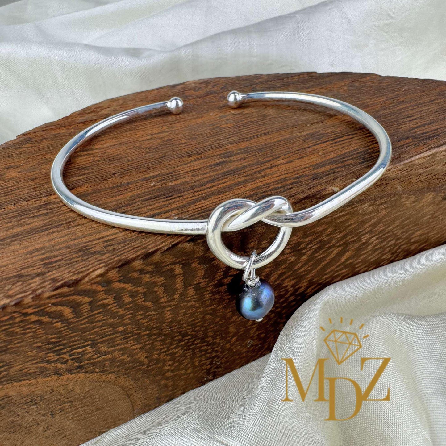 Sterling Silver Love Knot Bangle: Freshwater Pearl Promise Bracelet