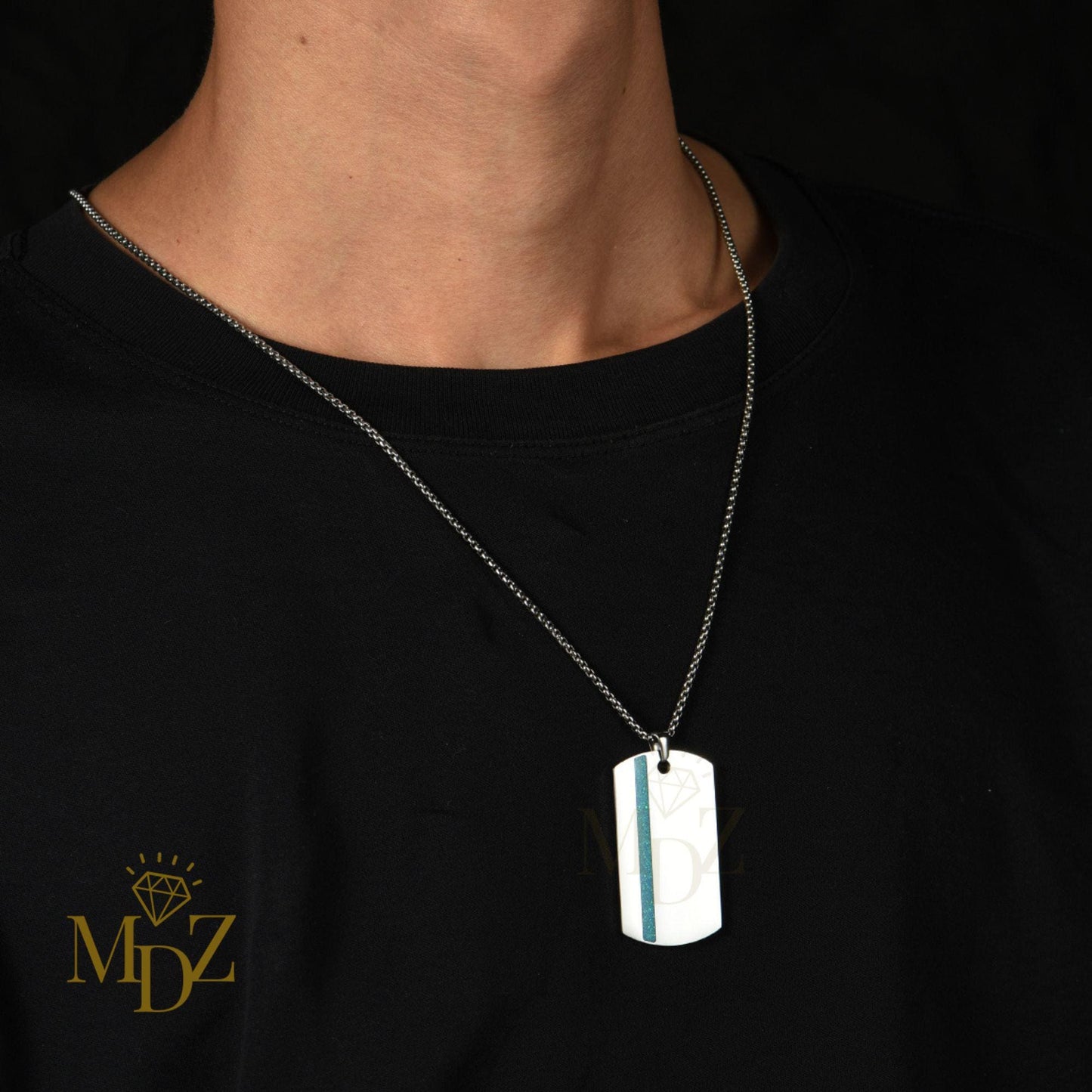 Stainless Steel Dog Tag Necklace: Opal Inlay Stripe Pendant