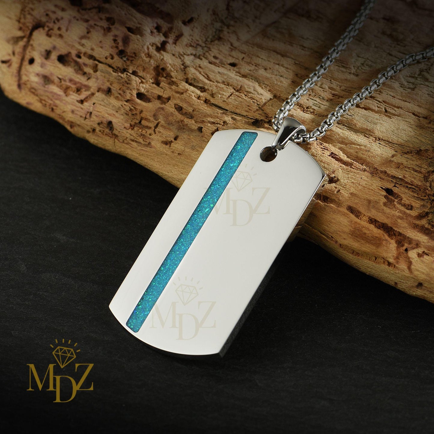 Stainless Steel Dog Tag Necklace: Opal Inlay Stripe Pendant