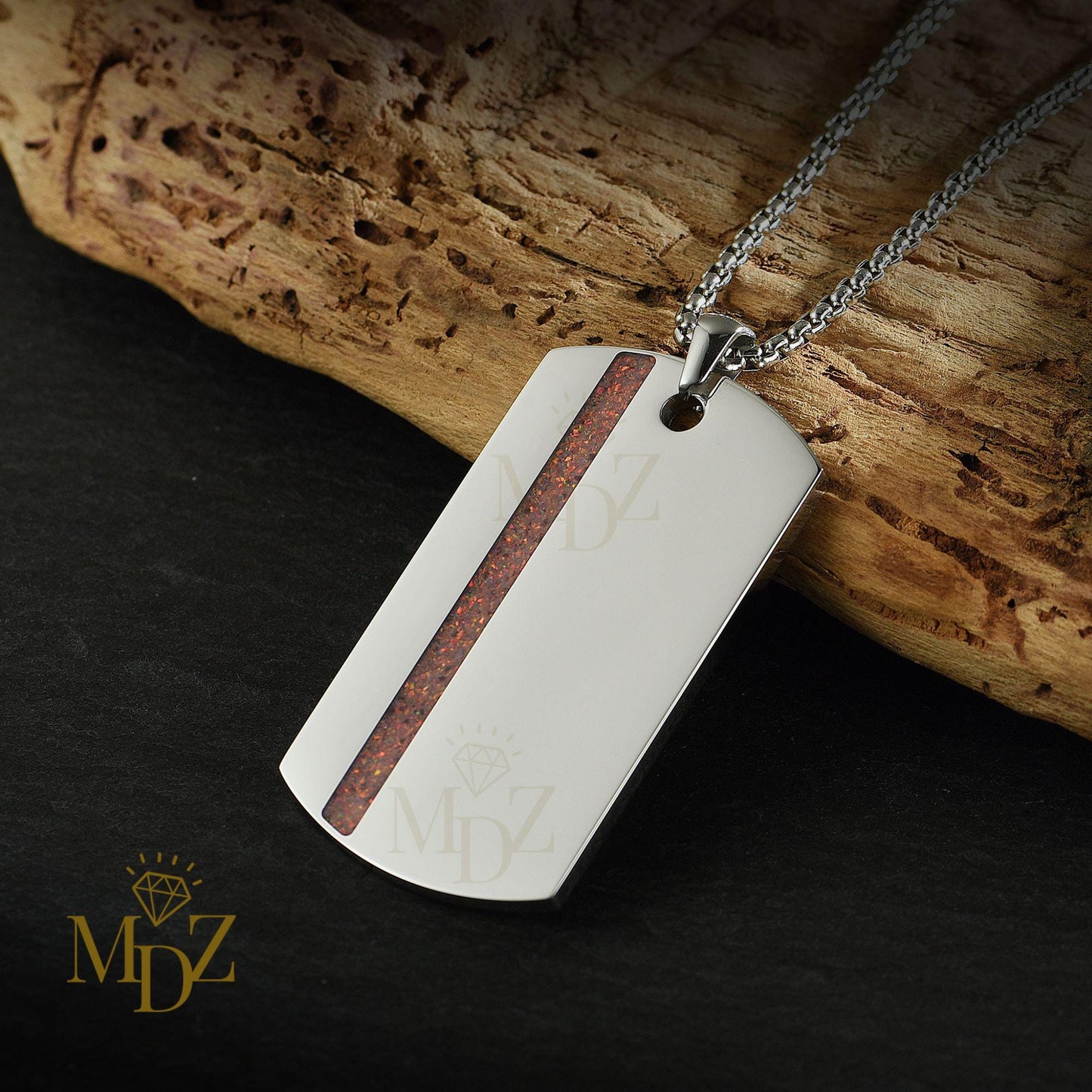 Stainless Steel Dog Tag Necklace: Opal Inlay Stripe Pendant