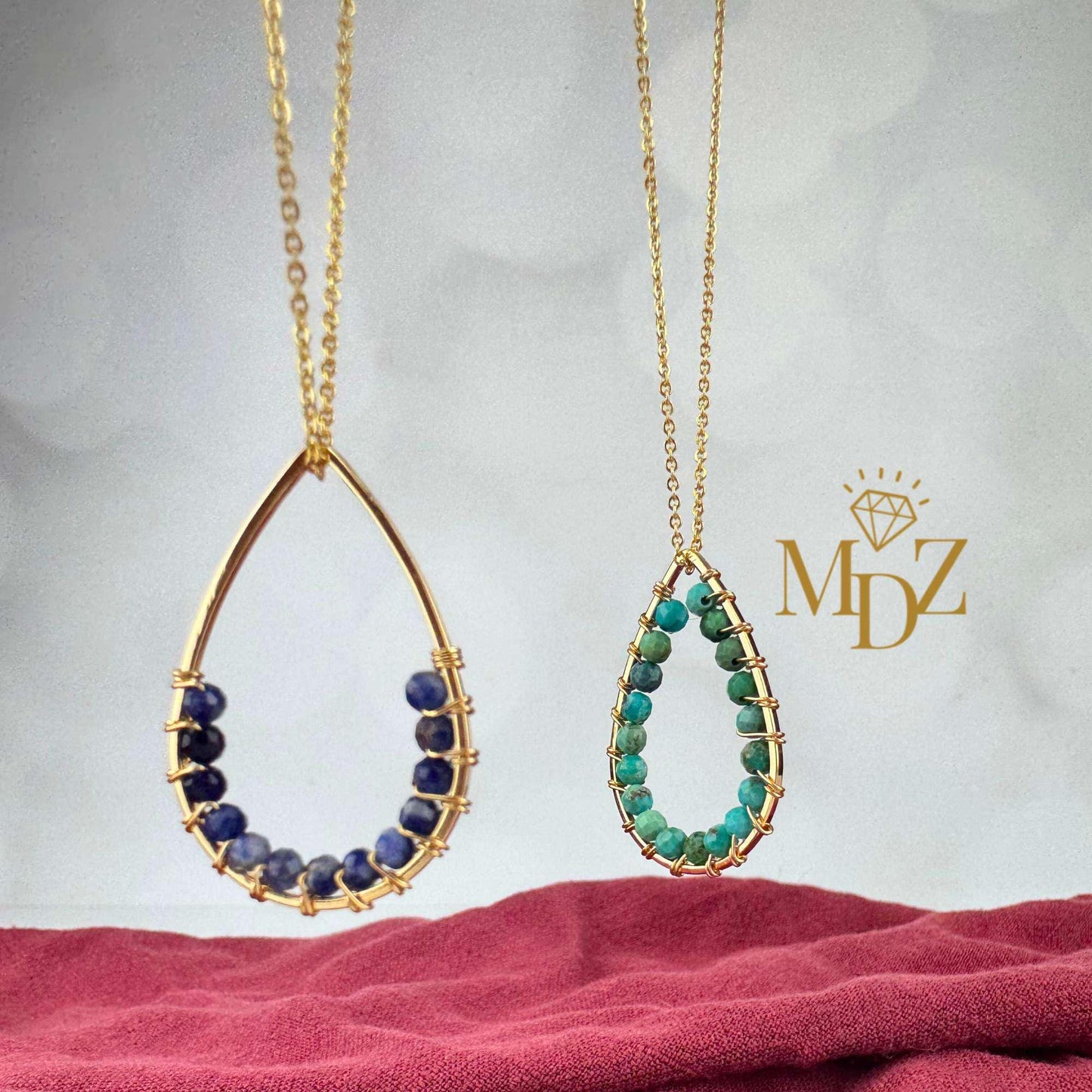 Handmade Gold Teardrop Wire Wrapped Necklace: Turquoise, Pearl & Gemstone Boho Pendant