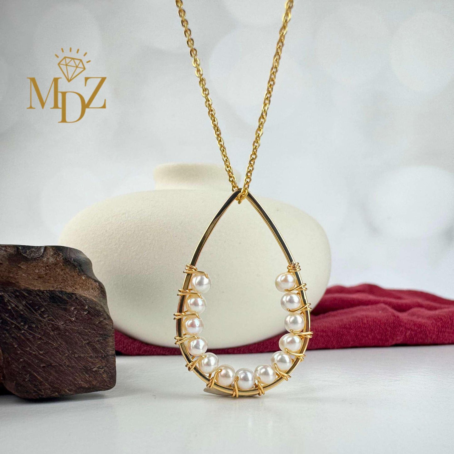 Handmade Gold Teardrop Wire Wrapped Necklace: Turquoise, Pearl & Gemstone Boho Pendant