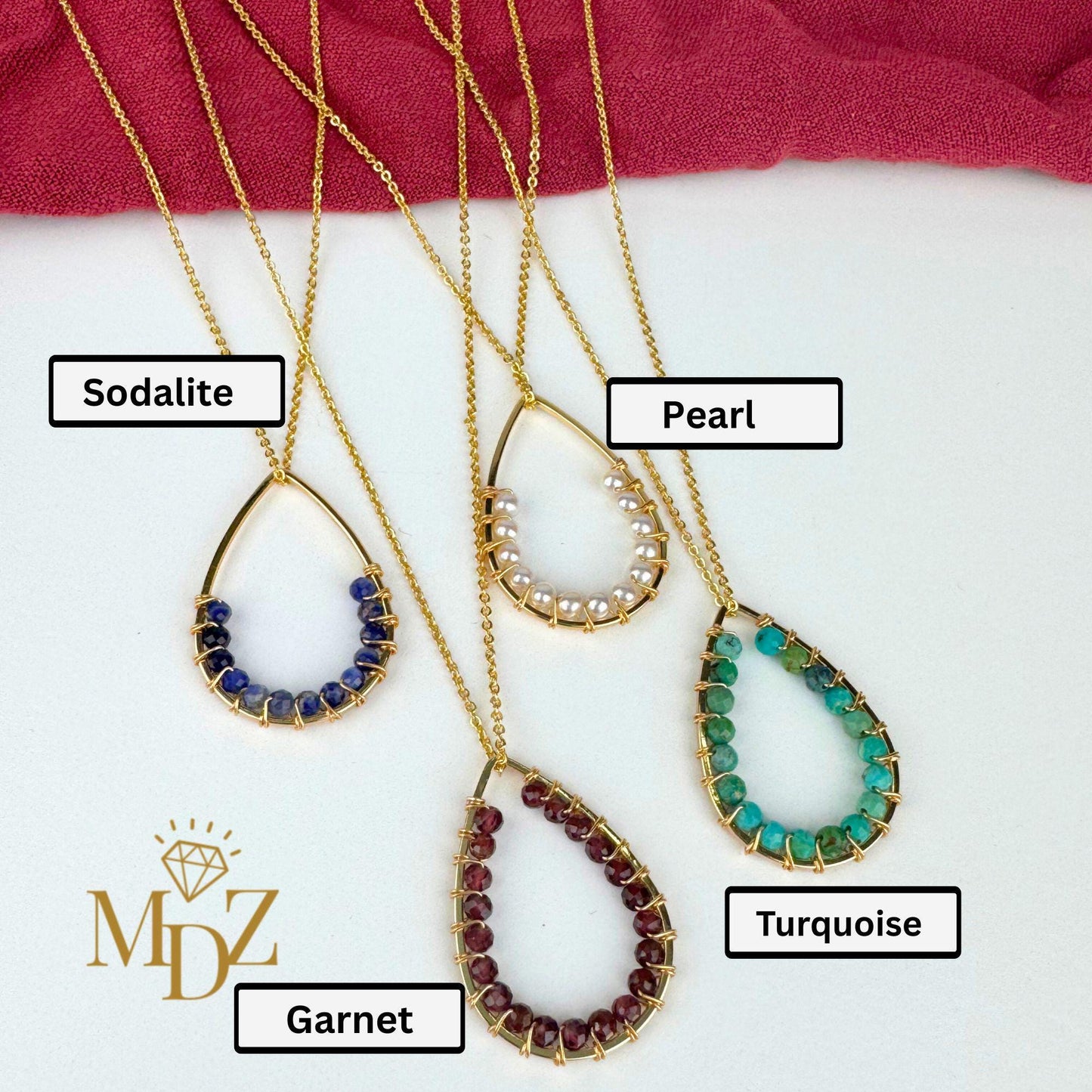 Handmade Gold Teardrop Wire Wrapped Necklace: Turquoise, Pearl & Gemstone Boho Pendant