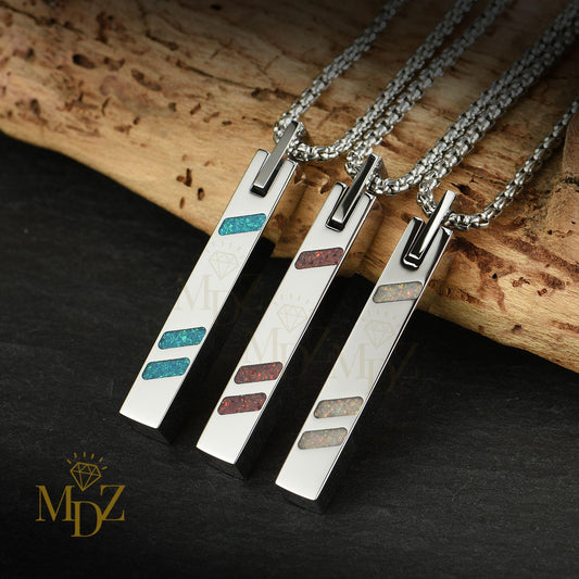 Stainless Steel Bar Necklace: Opal Inlay Modern Vertical Pendant