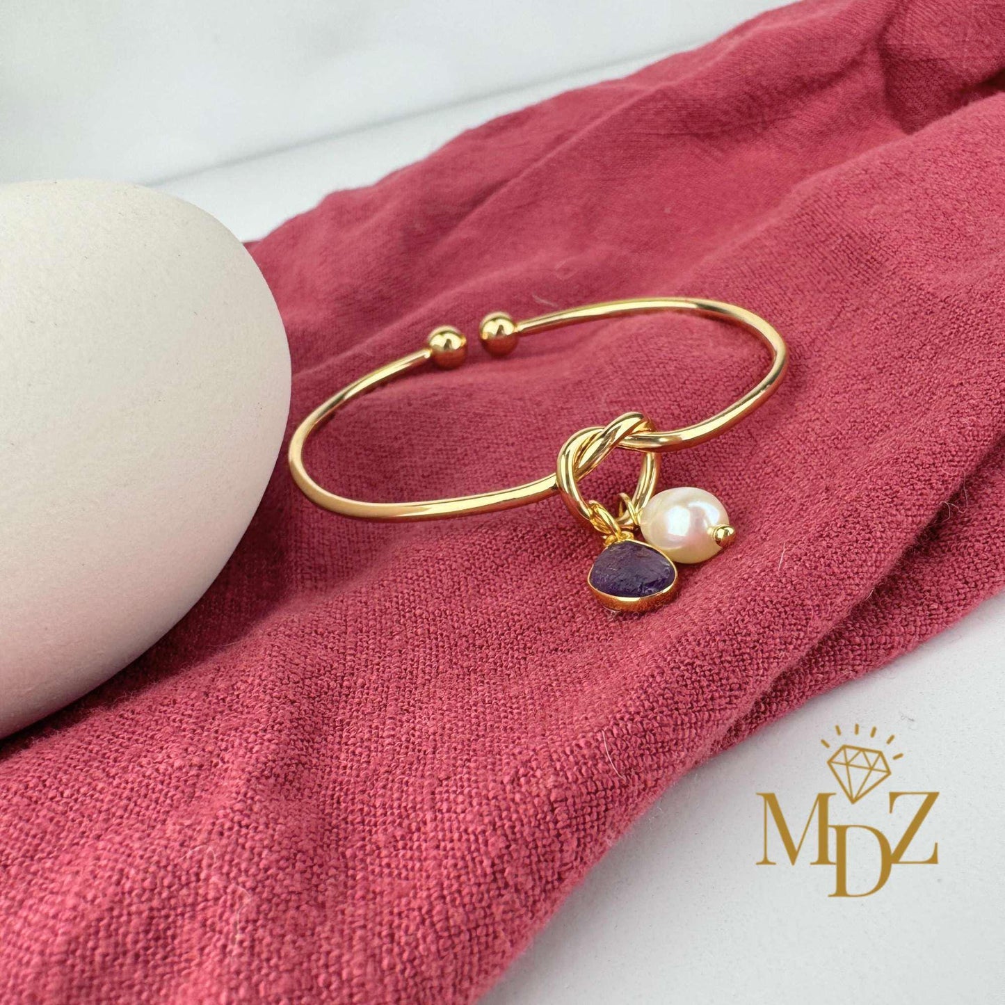 Gold Love Knot Birthstone Bracelet : Personalized 18K Gold Plated Bangle Gift for Her