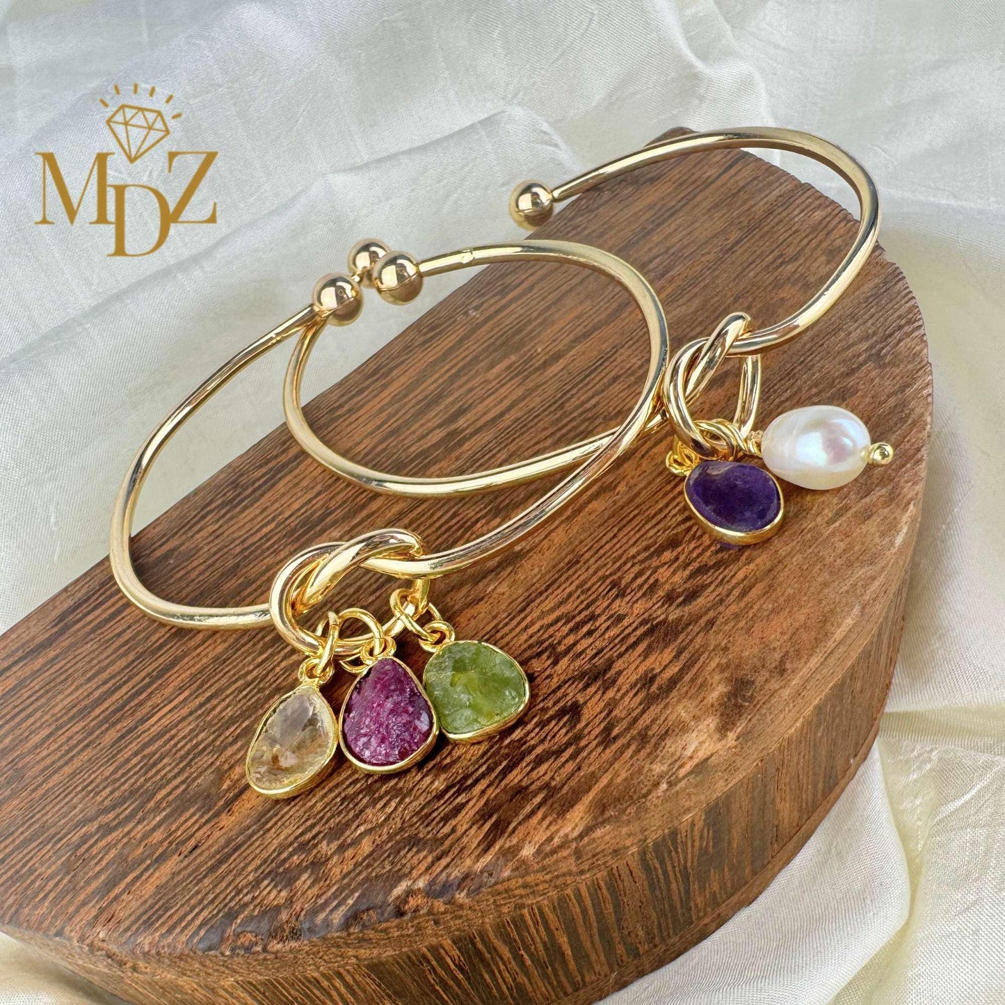 Gold Love Knot Birthstone Bracelet : Personalized 18K Gold Plated Bangle Gift for Her