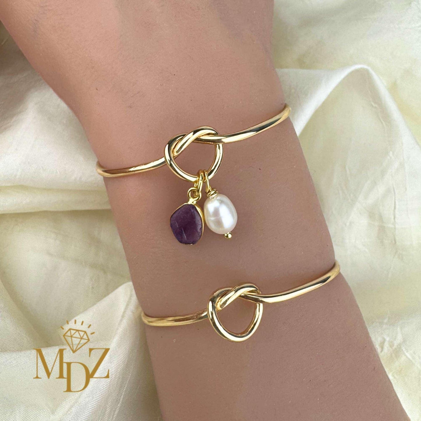 Gold Love Knot Birthstone Bracelet : Personalized 18K Gold Plated Bangle Gift for Her