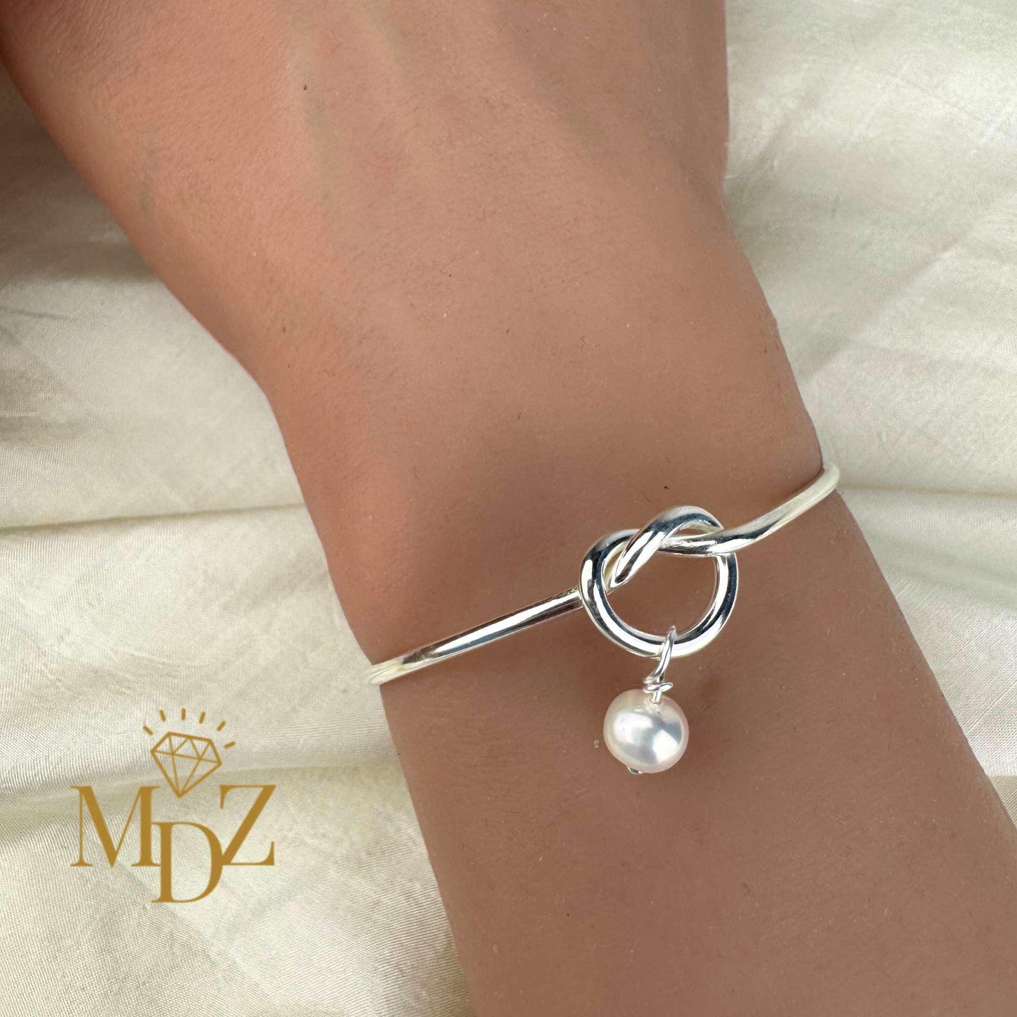 Sterling Silver Love Knot Bangle: Freshwater Pearl Promise Bracelet