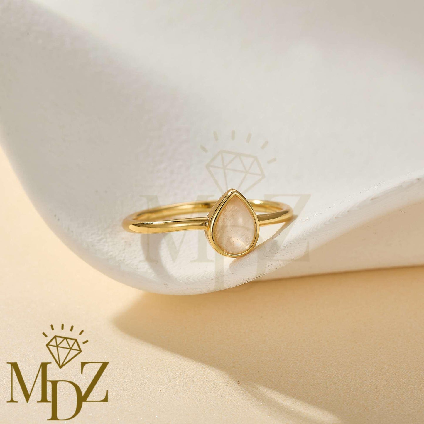 Sterling Silver Natural Moonstone Gold Stacking Ring : Minimalist June Birthstone Gift for Her
