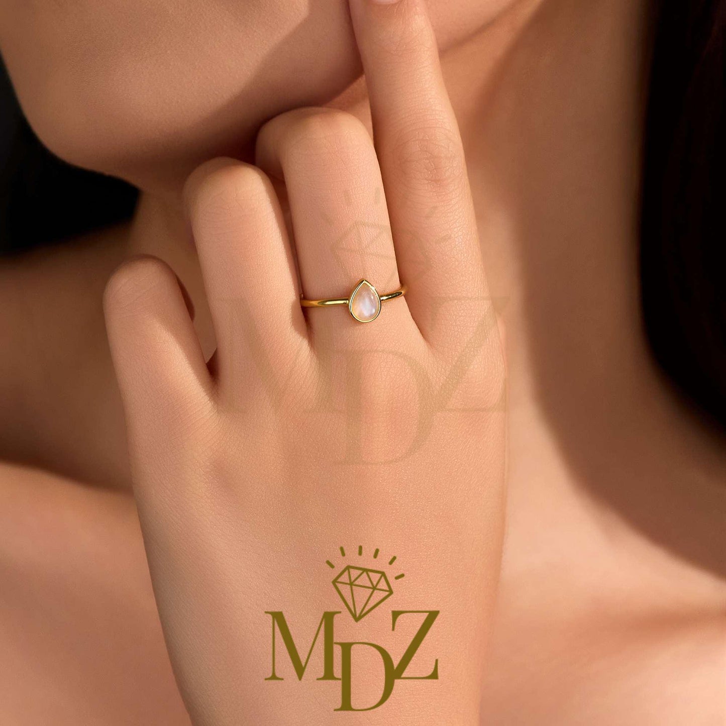 Sterling Silver Natural Moonstone Gold Stacking Ring : Minimalist June Birthstone Gift for Her