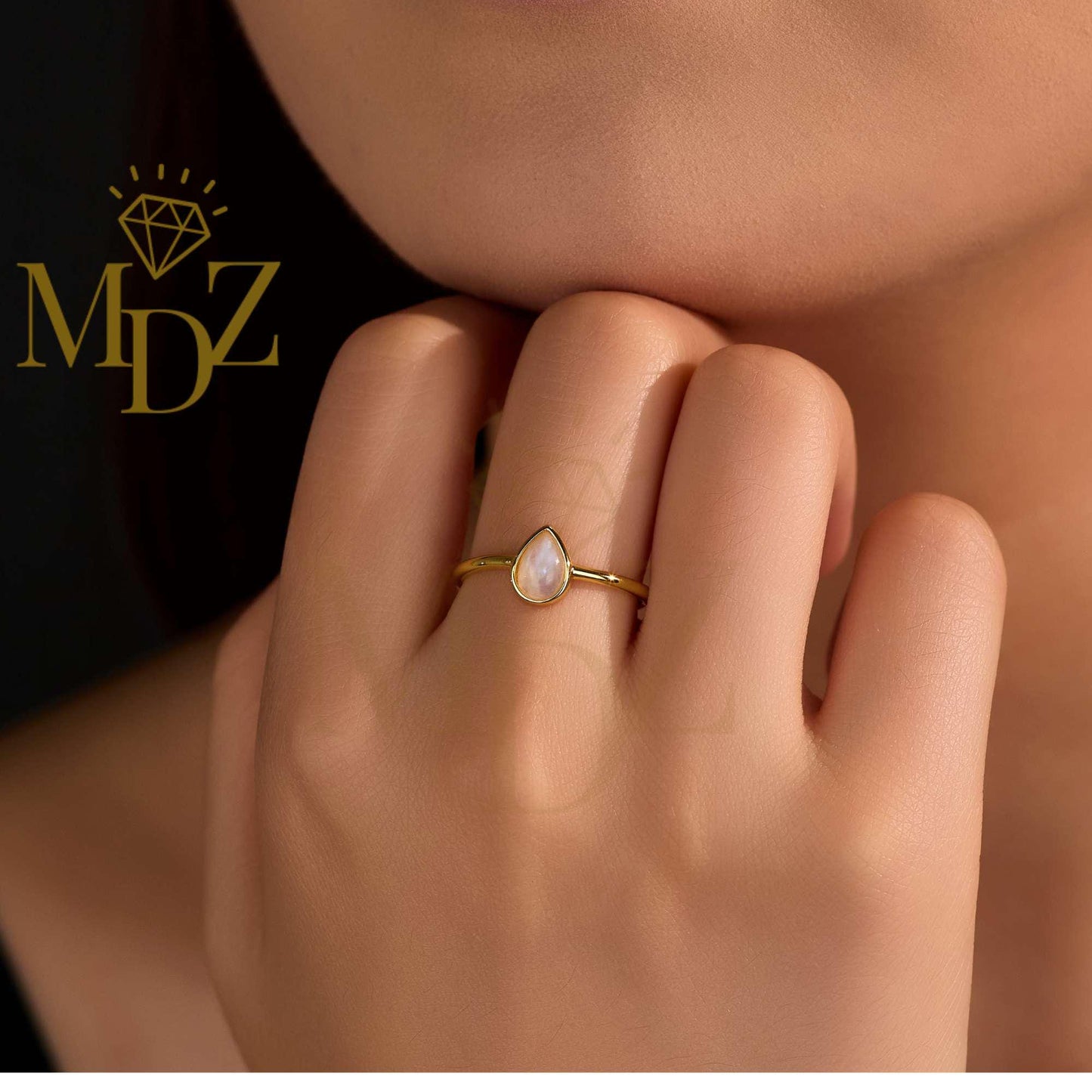 Sterling Silver Natural Moonstone Gold Stacking Ring