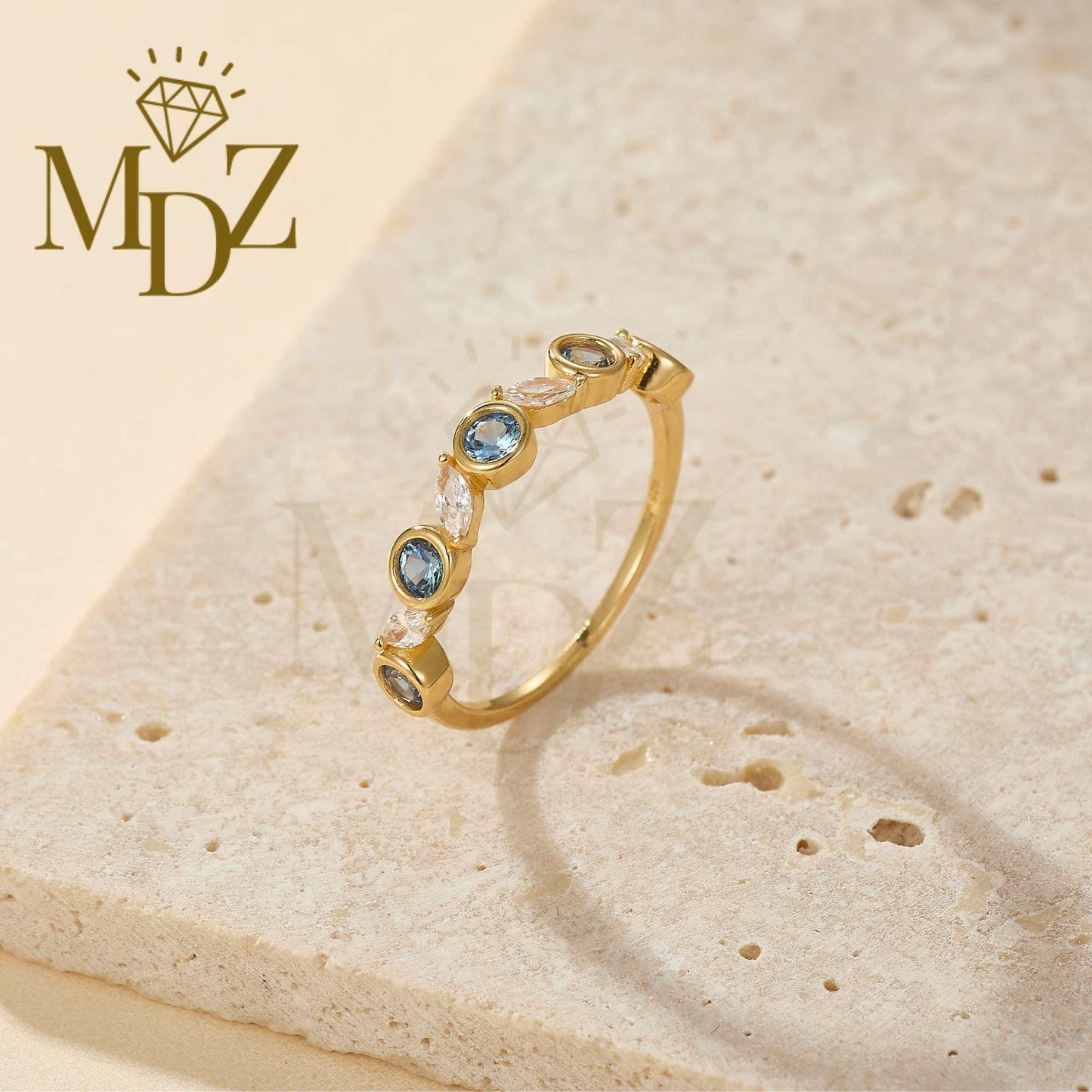 Minimalist Blue Topaz Ring : December Birthstone Dainty Stacking Ring in Sterling Silver