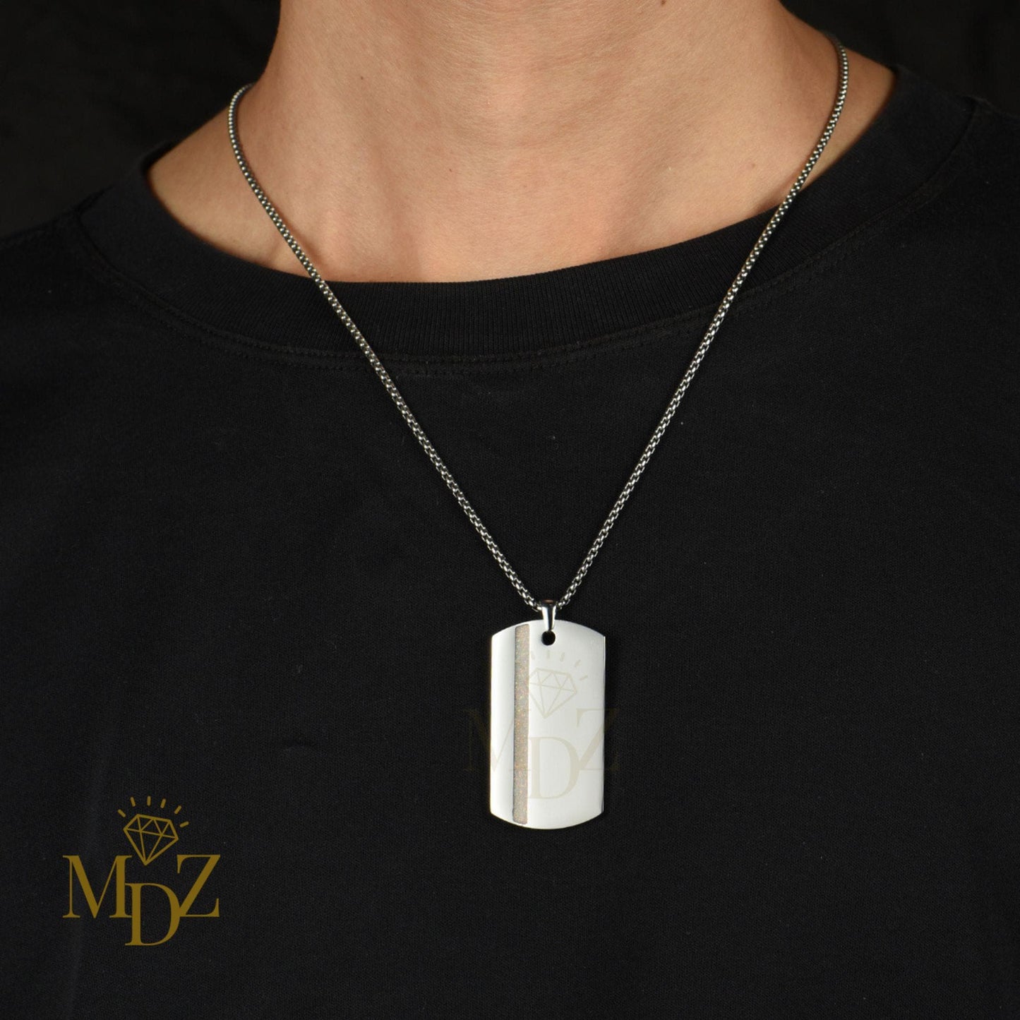Stainless Steel Dog Tag Necklace: Opal Inlay Stripe Pendant