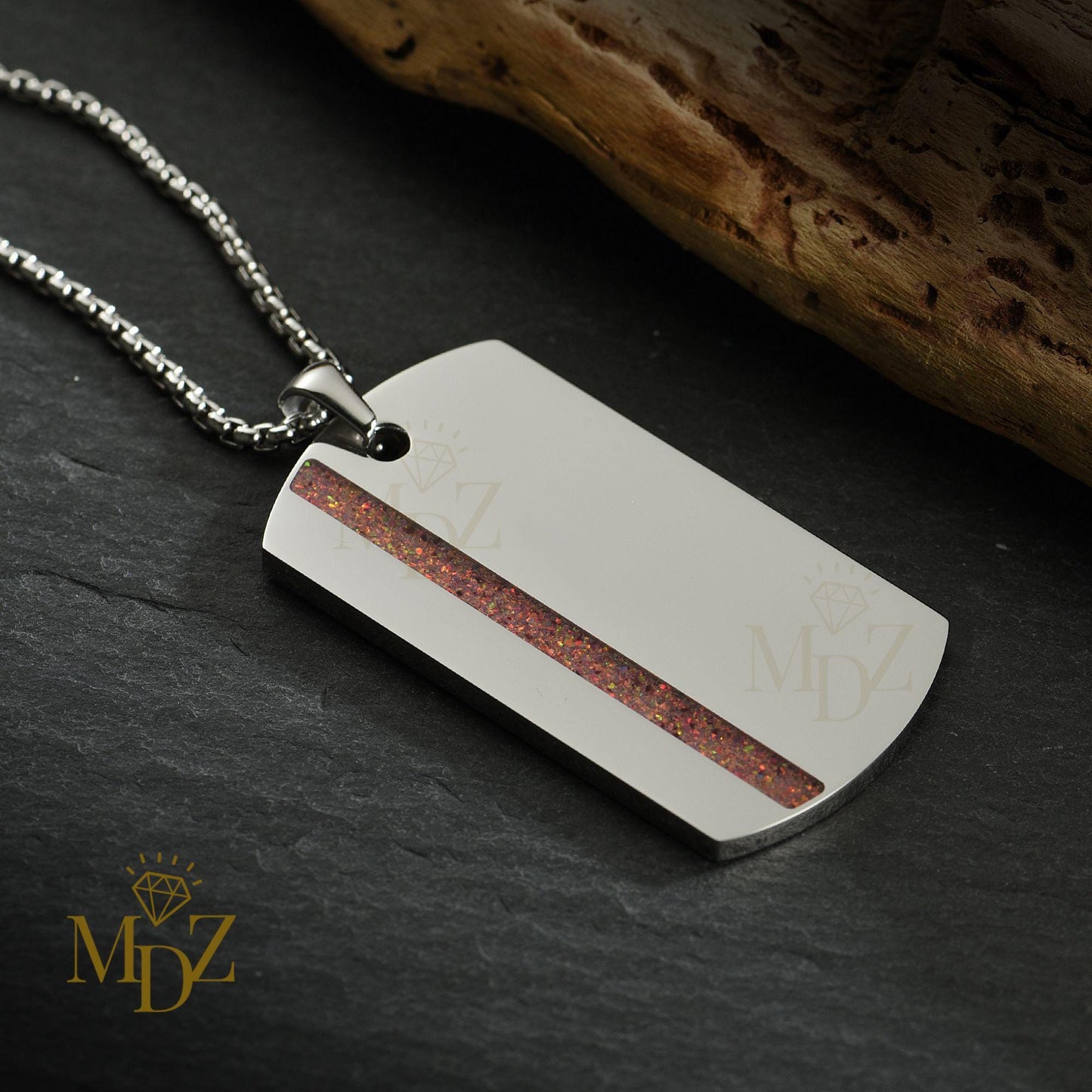 Stainless Steel Dog Tag Necklace: Opal Inlay Stripe Pendant