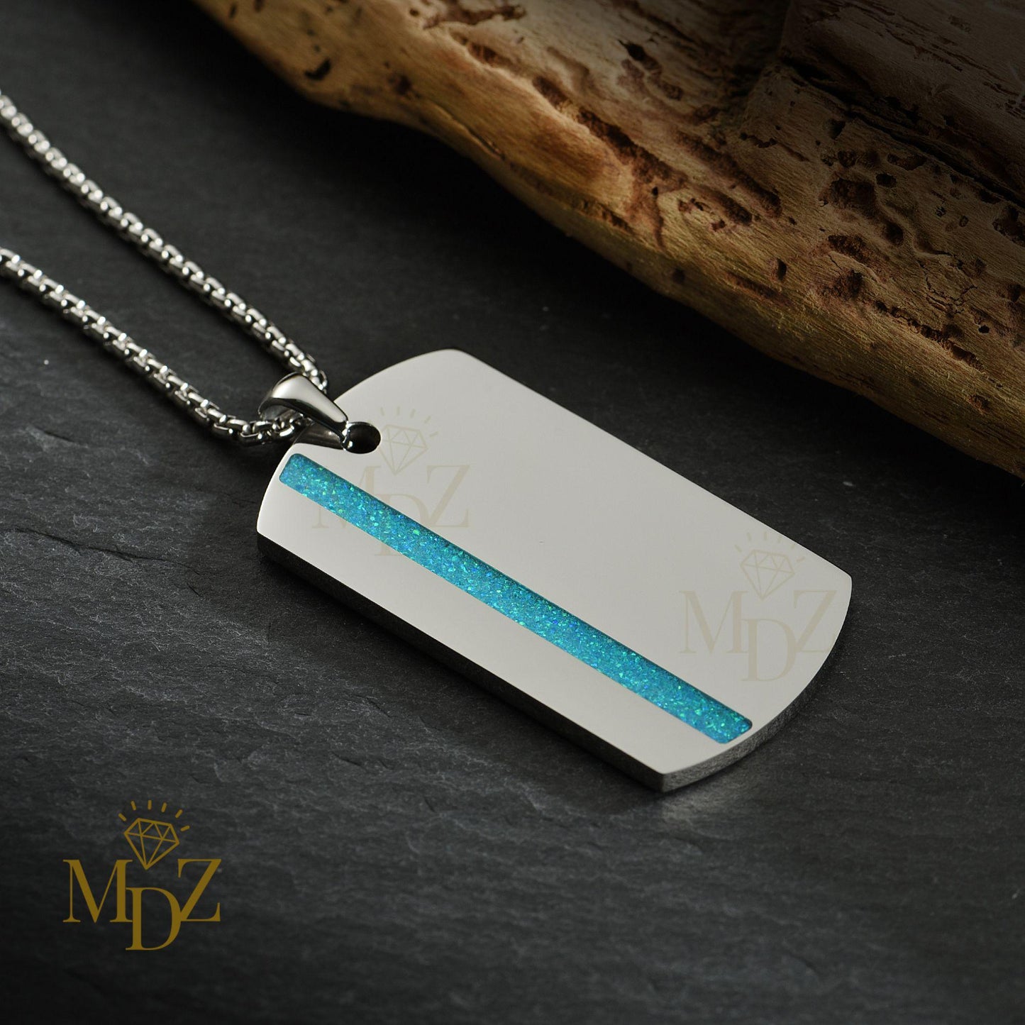 Stainless Steel Dog Tag Necklace: Opal Inlay Stripe Pendant