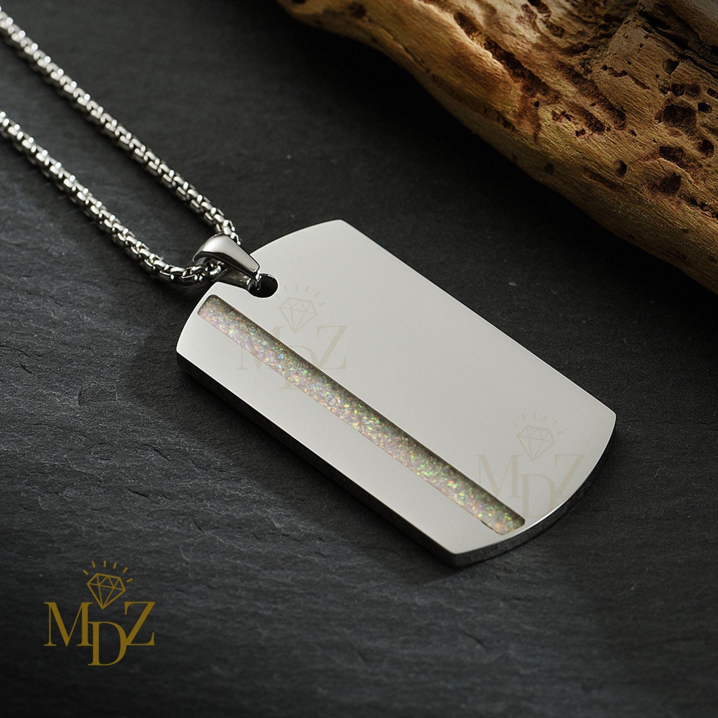 Stainless Steel Dog Tag Necklace: Opal Inlay Stripe Pendant