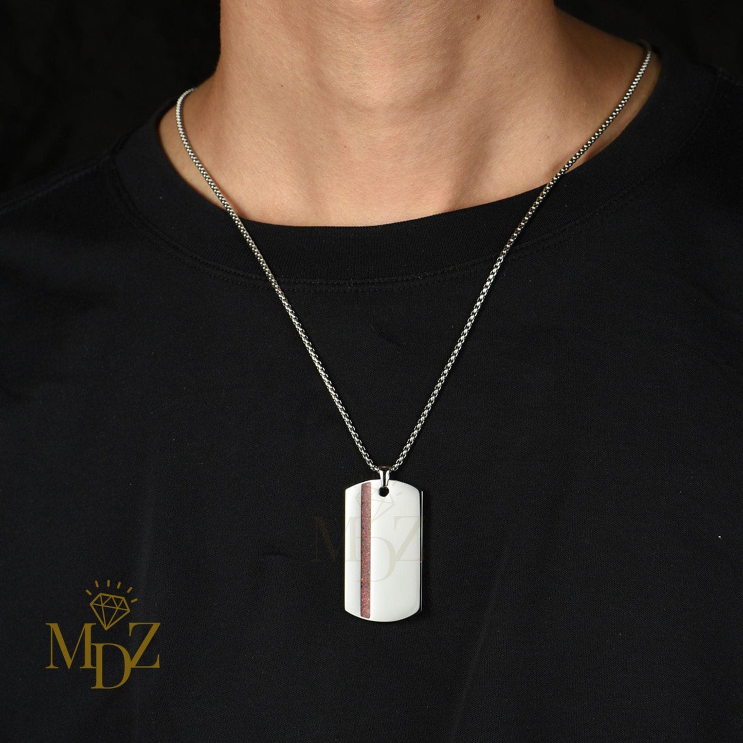 Stainless Steel Dog Tag Necklace: Opal Inlay Stripe Pendant