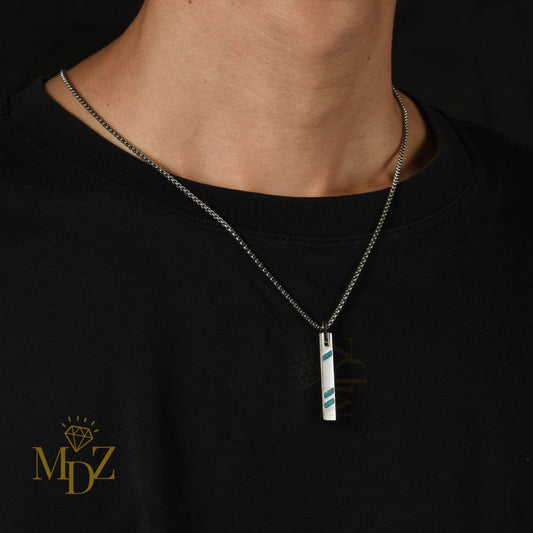 Stainless Steel Bar Necklace: Opal Inlay Modern Vertical Pendant