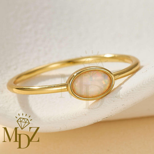 Minimalist Opal Ring : Oval shaped Sterling Silver Stacking Ring, October Birthstone Gift for Her
