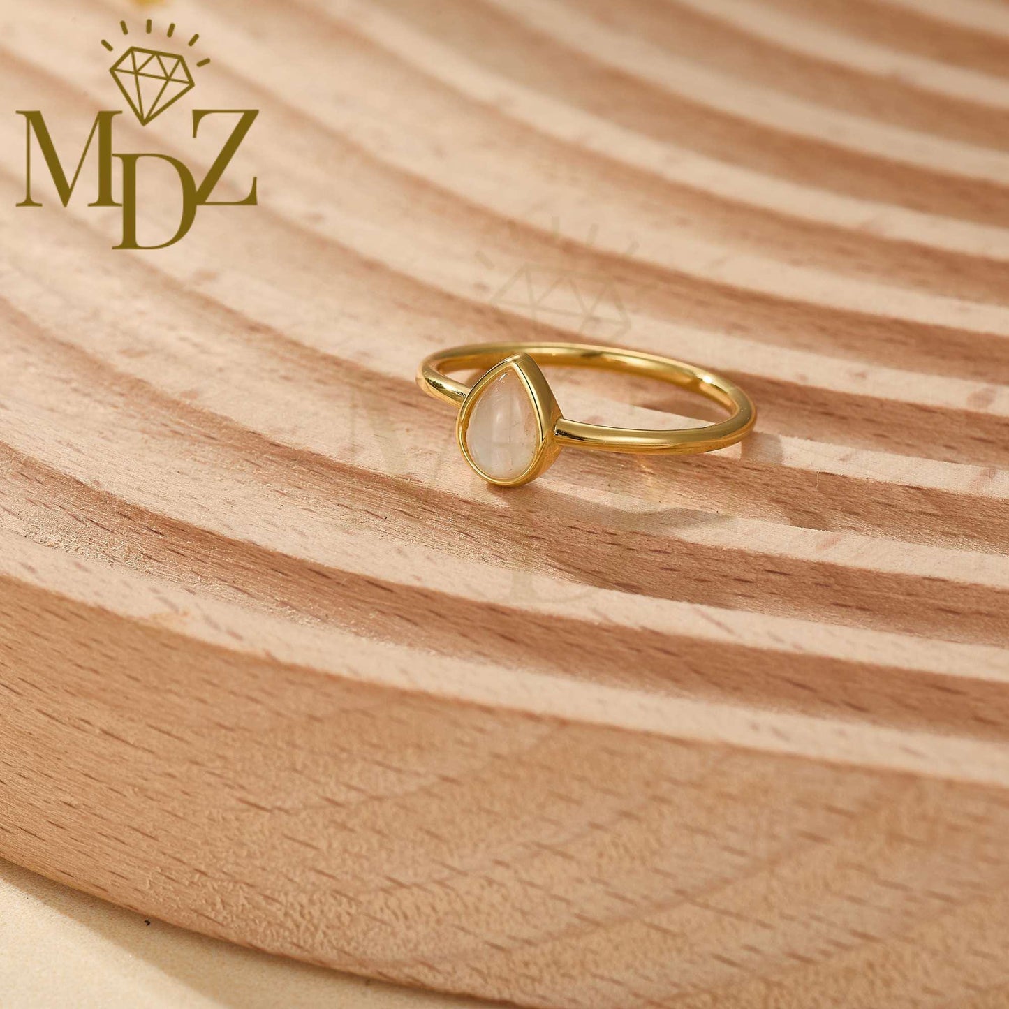 Sterling Silver Natural Moonstone Gold Stacking Ring : Minimalist June Birthstone Gift for Her