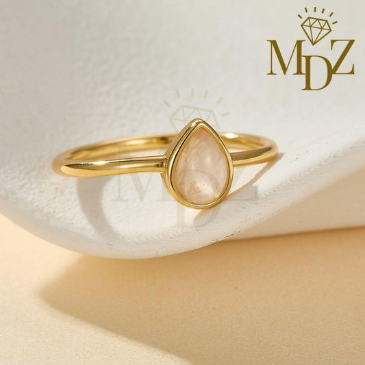 Sterling Silver Natural Moonstone Gold Stacking Ring : Minimalist June Birthstone Gift for Her