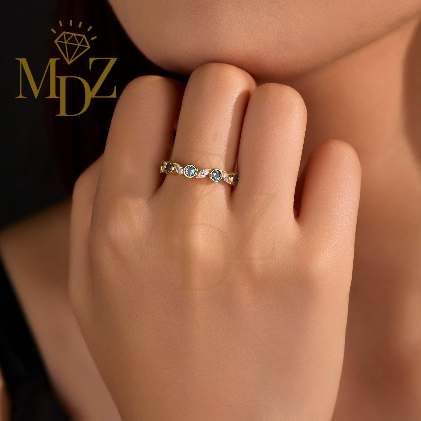 Minimalist Blue Topaz Ring : December Birthstone Dainty Stacking Ring in Sterling Silver