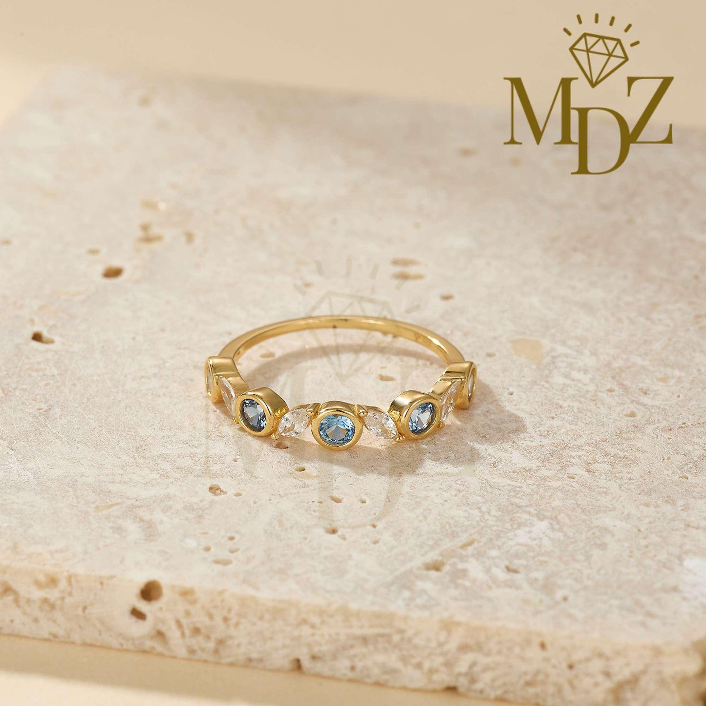 Minimalist Blue Topaz Ring : December Birthstone Dainty Stacking Ring in Sterling Silver