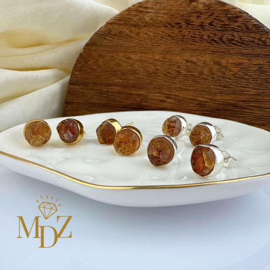 Raw Citrine Stud Earrings: Gold & Silver over Sterling Silver, Natural November Birthstone