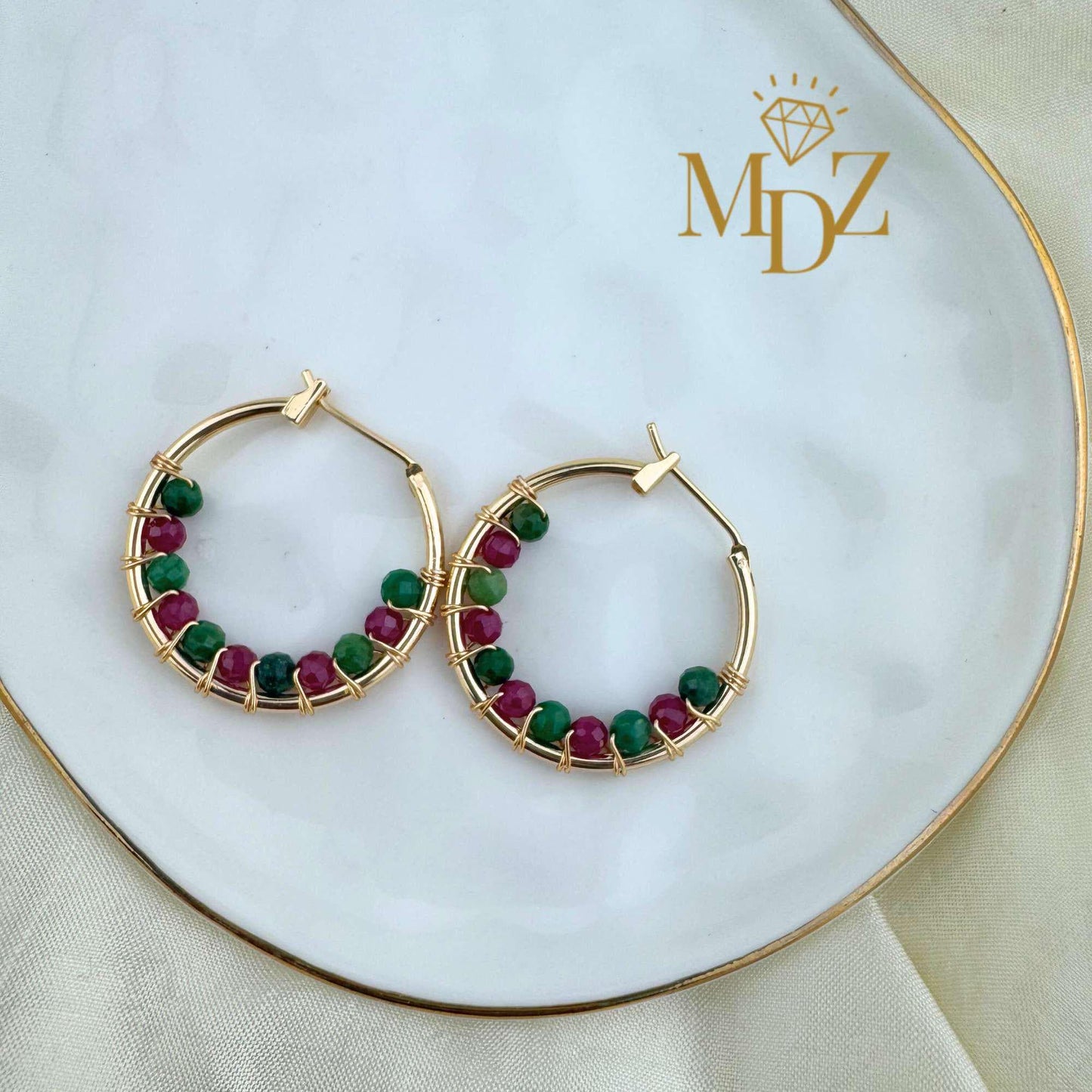 Handmade Christmas Gold Hoop Earrings : Ruby and Jade Gemstone Jewelry