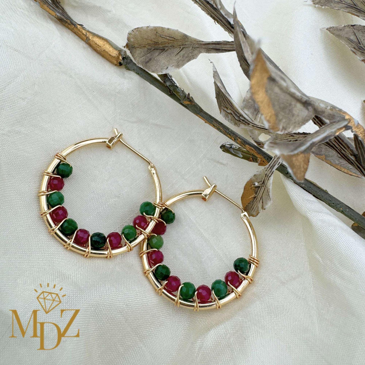 Handmade Christmas Gold Hoop Earrings : Ruby and Jade Gemstone Jewelry