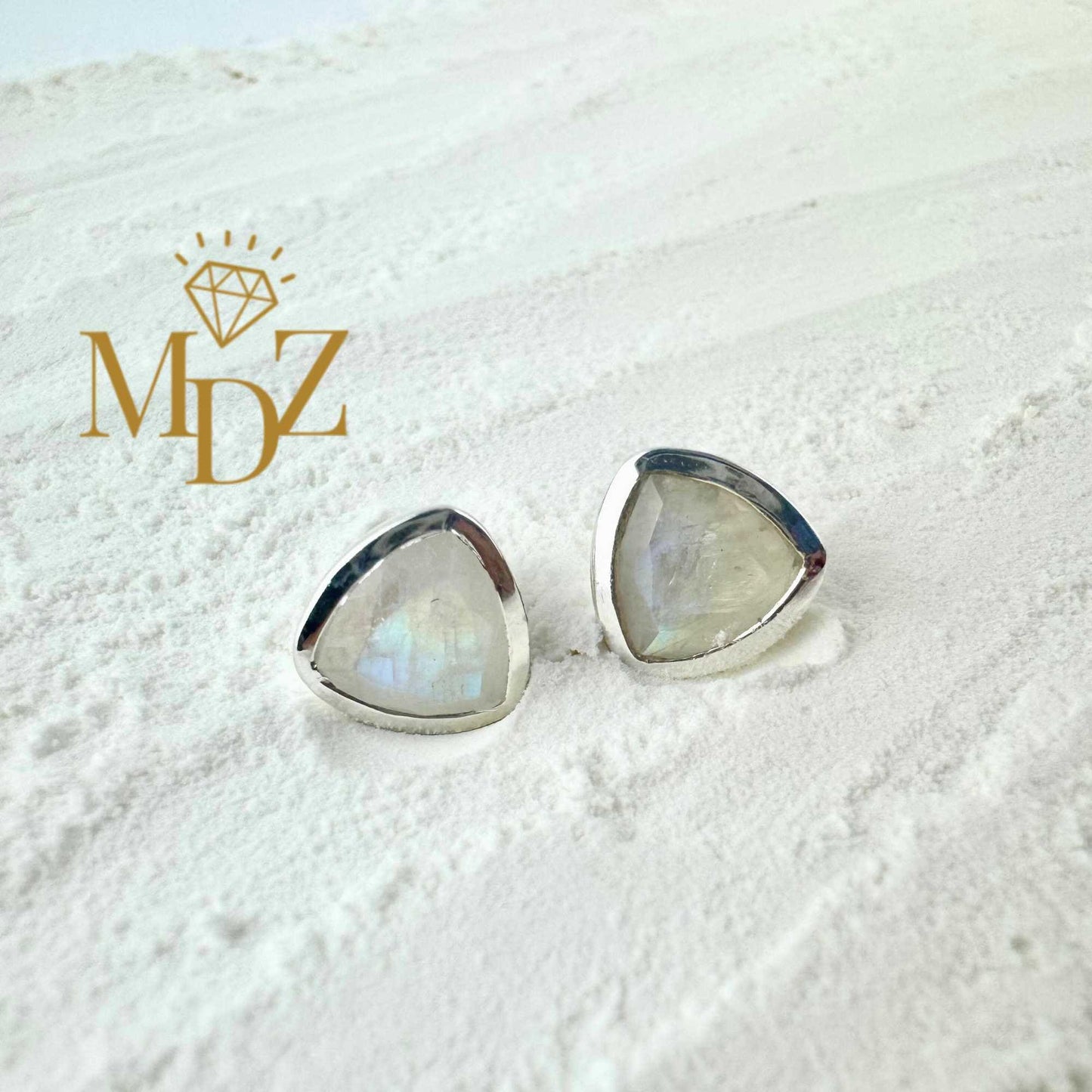 Sterling Silver Triangle Rainbow Moonstone Stud Earrings : June Birthstone Jewelry