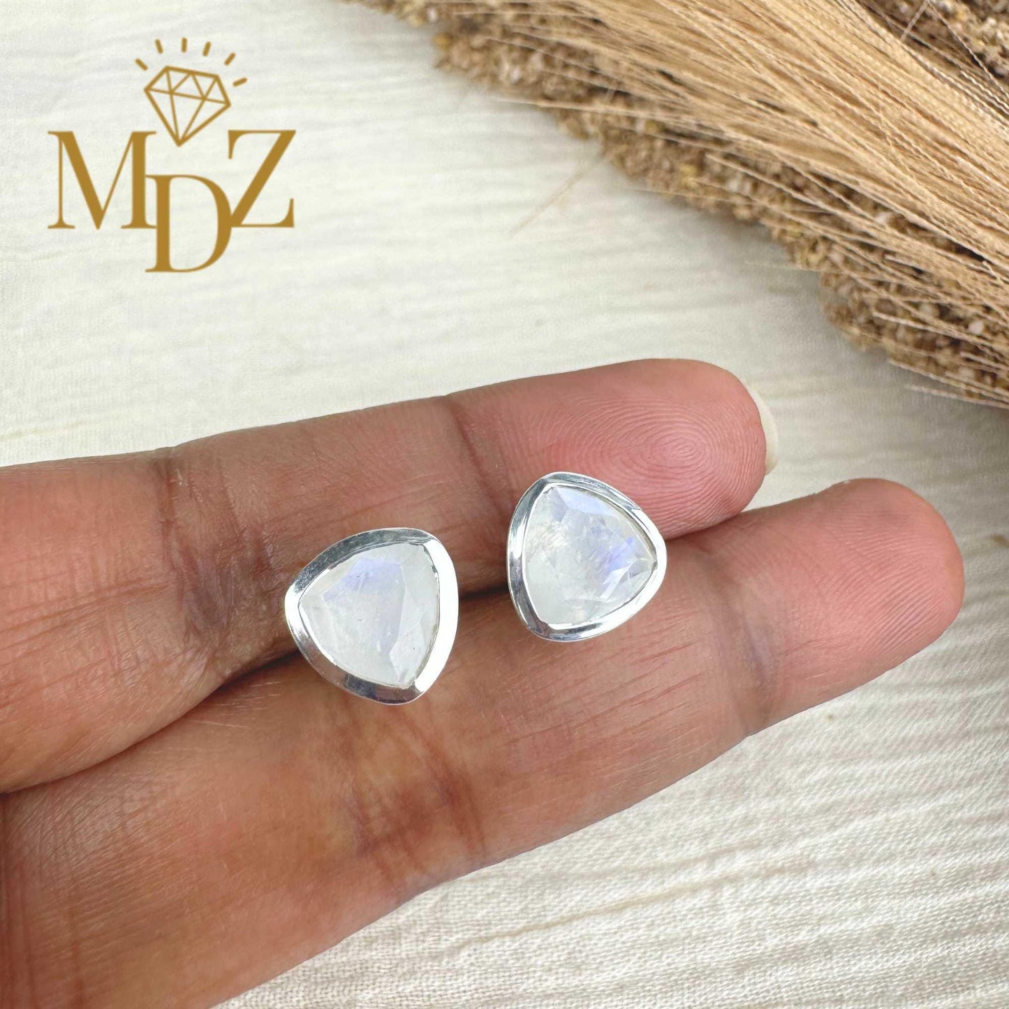 Sterling Silver Triangle Rainbow Moonstone Stud Earrings : June Birthstone Jewelry