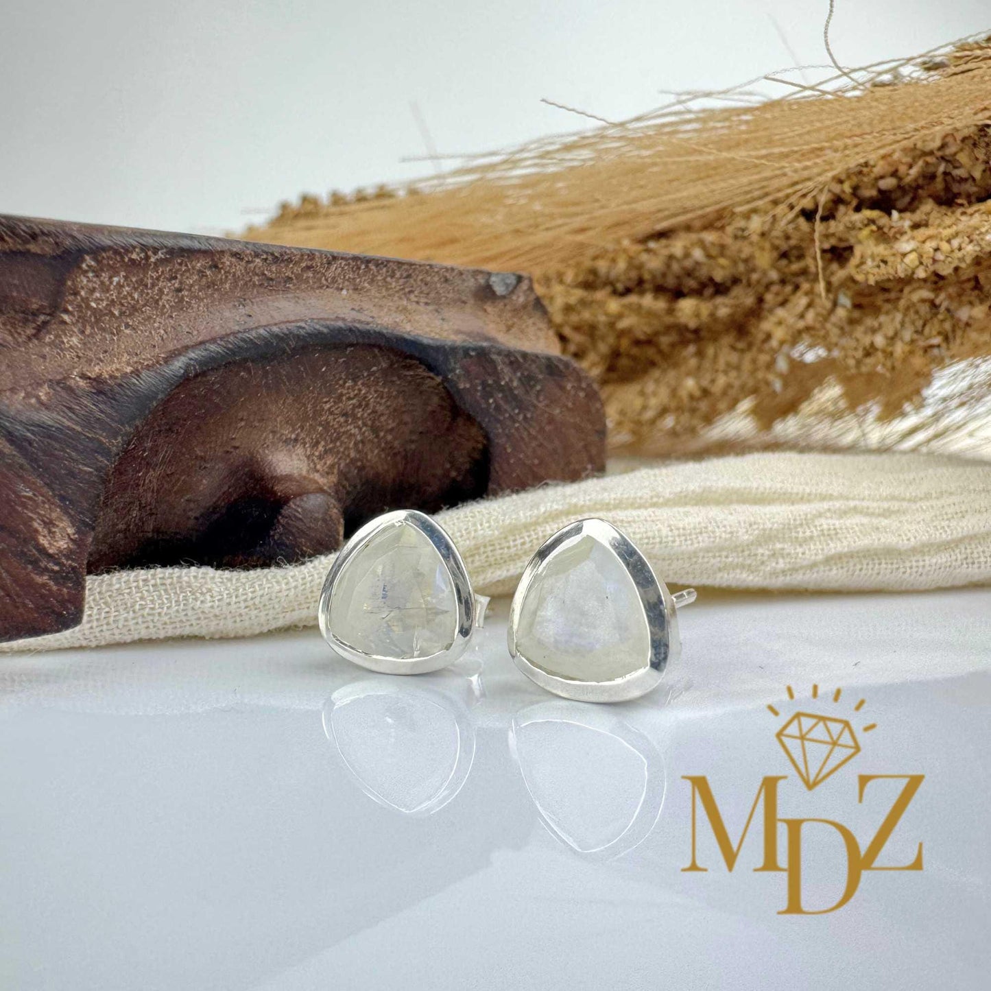 Sterling Silver Triangle Rainbow Moonstone Stud Earrings : June Birthstone Jewelry