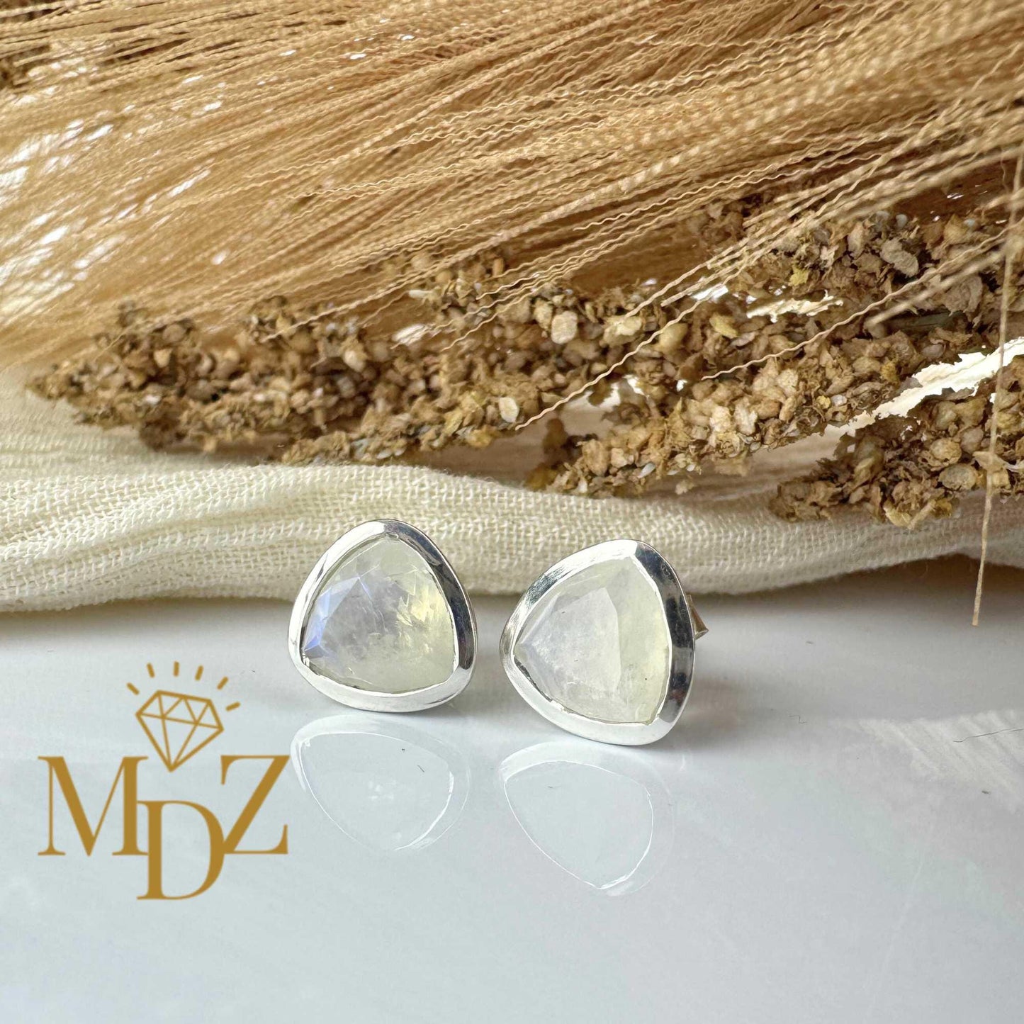 Sterling Silver Triangle Rainbow Moonstone Stud Earrings : June Birthstone Jewelry