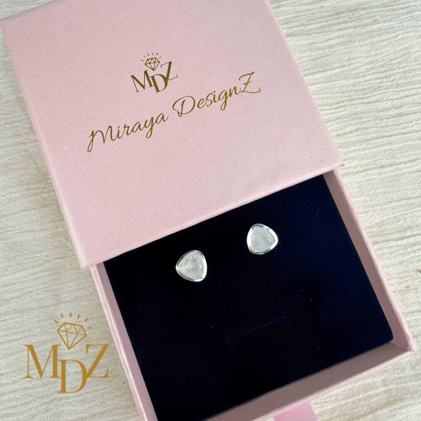 Sterling Silver Triangle Rainbow Moonstone Stud Earrings : June Birthstone Jewelry