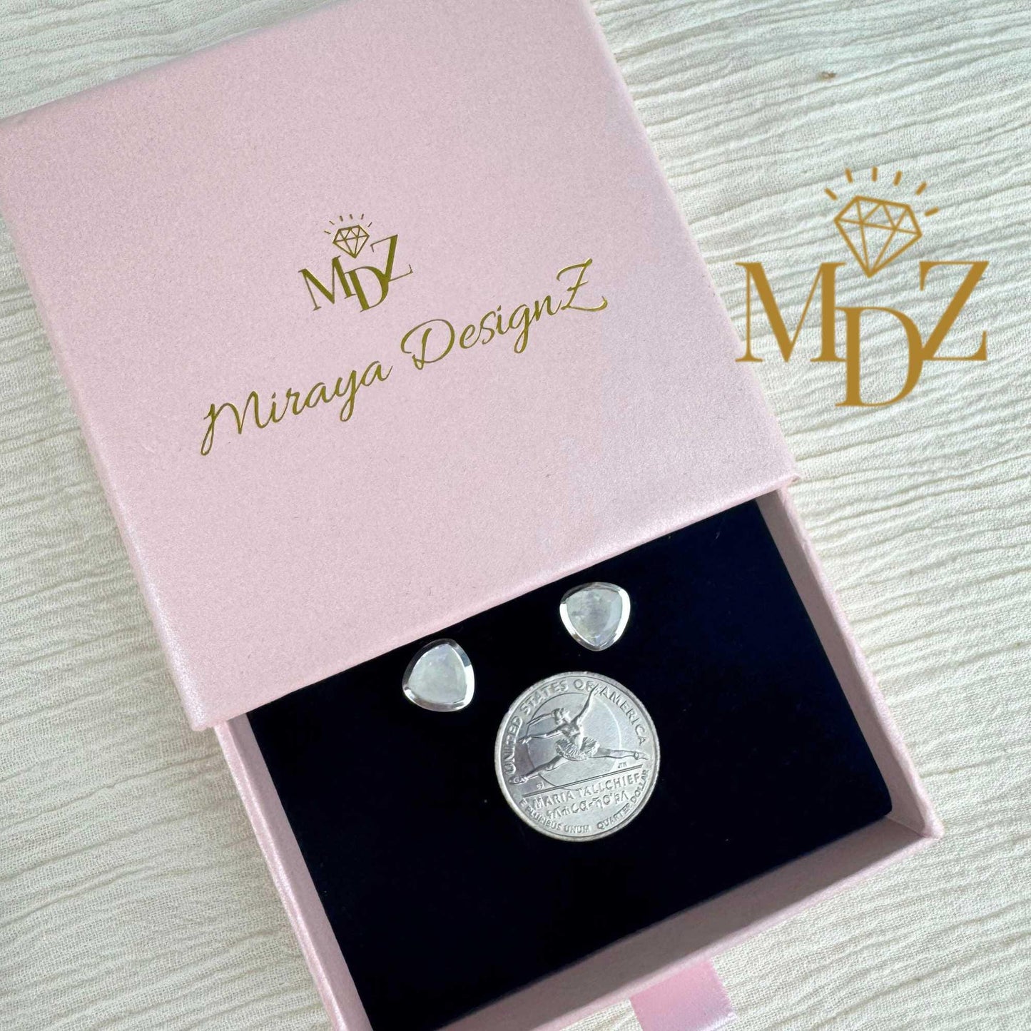 Sterling Silver Triangle Rainbow Moonstone Stud Earrings : June Birthstone Jewelry