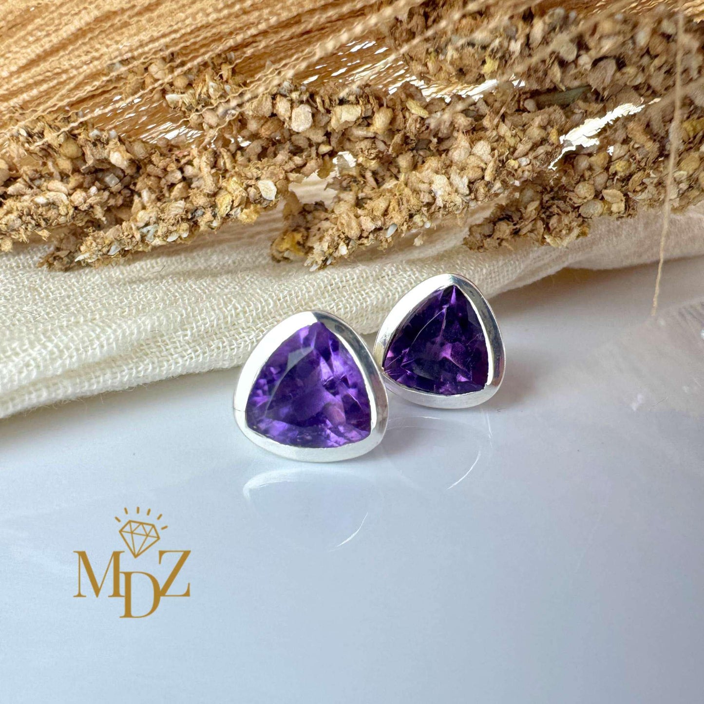 Sterling Silver Triangle Amethyst Stud Earrings : February Birthstone Jewelry