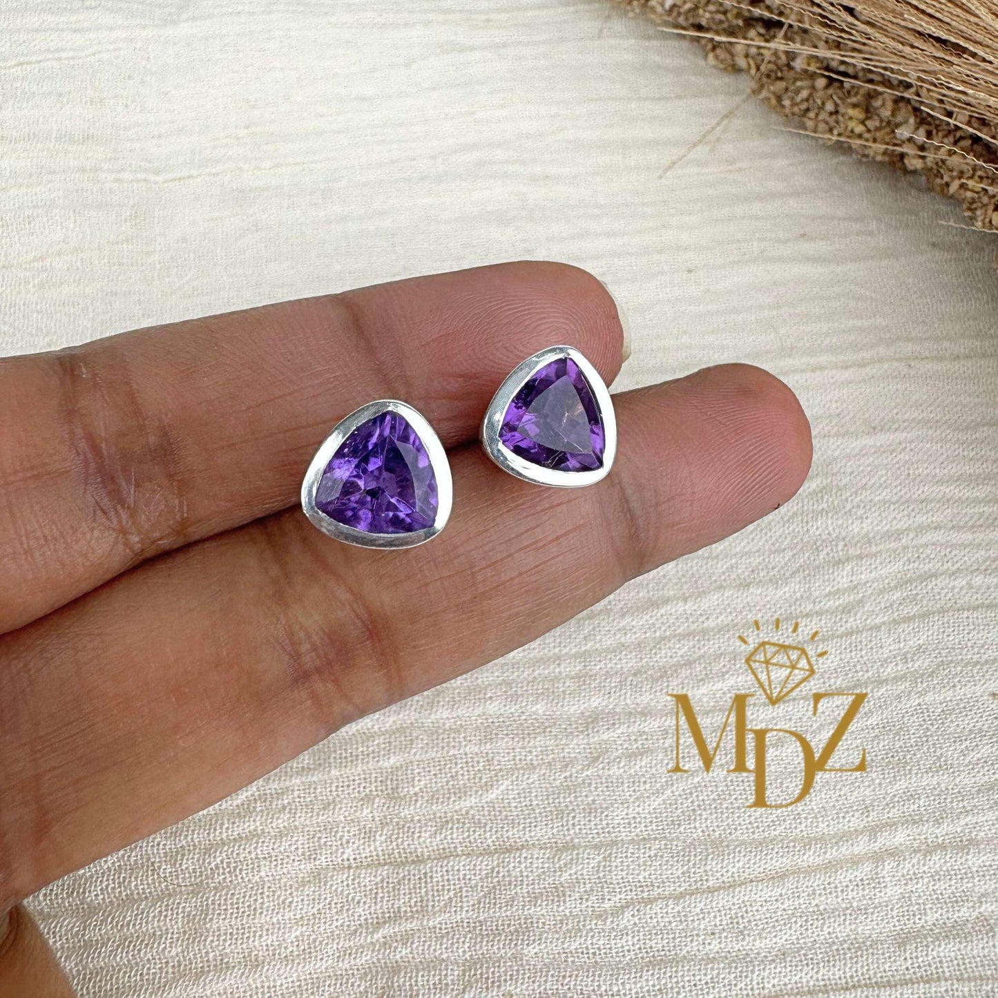 Sterling Silver Triangle Amethyst Stud Earrings : February Birthstone Jewelry