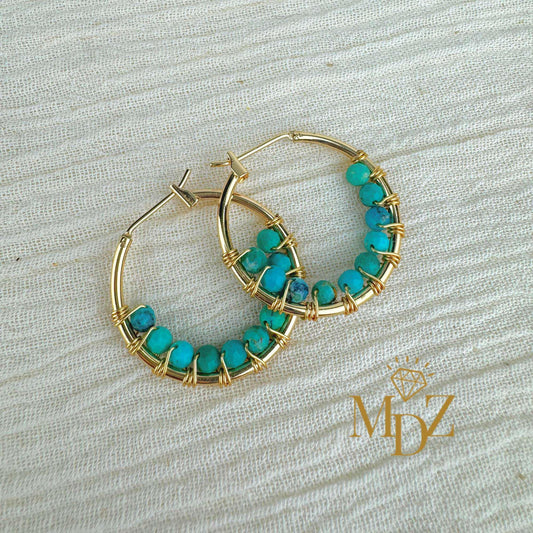 18K Gold Wire Wrapped Thin Hoop Earrings: Garnet, Moonstone & Turquoise Birthstone Jewelry