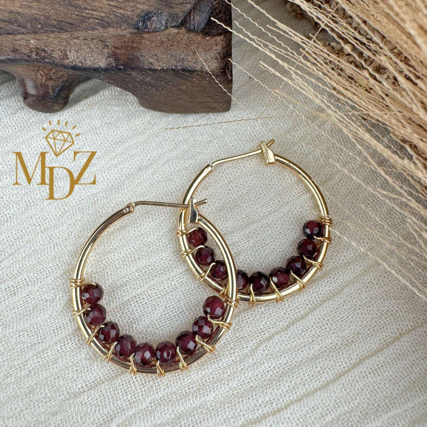 18K Gold Wire Wrapped Thin Hoop Earrings: Garnet, Moonstone & Turquoise Birthstone Jewelry