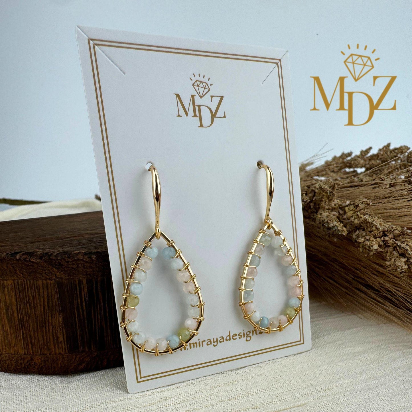 18K Gold Wire Wrapped Gemstone Teardrop Dangle Earrings : Minimalist Handmade Beaded Jewelry